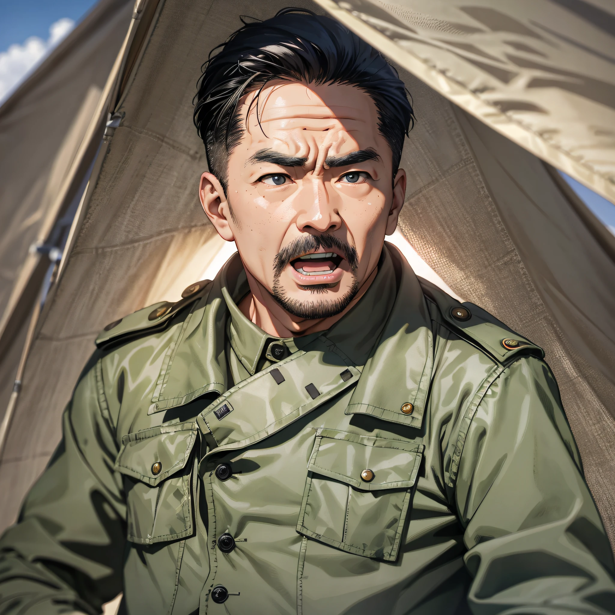 Major General Asian middle-aged man, background is the large tent of the combat headquarters, there is a map, open mouth expression surprised and shocked (1.3), the tent is blown away