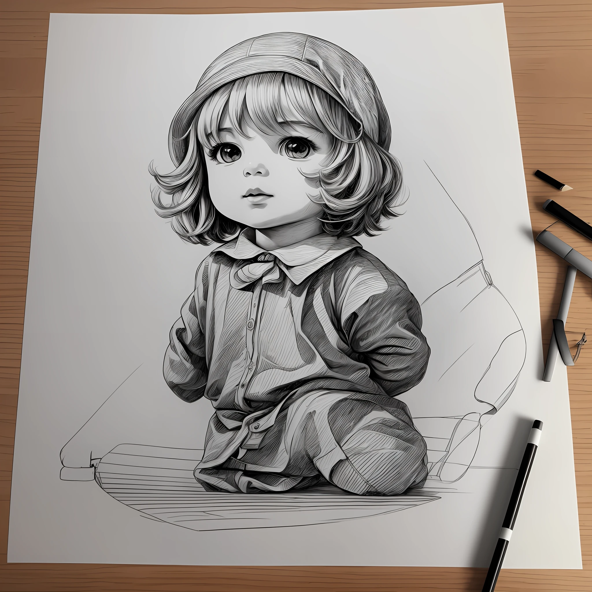 Line drawing, wealth, a boy, black and white line drawing, sketch, money, full body figure, child