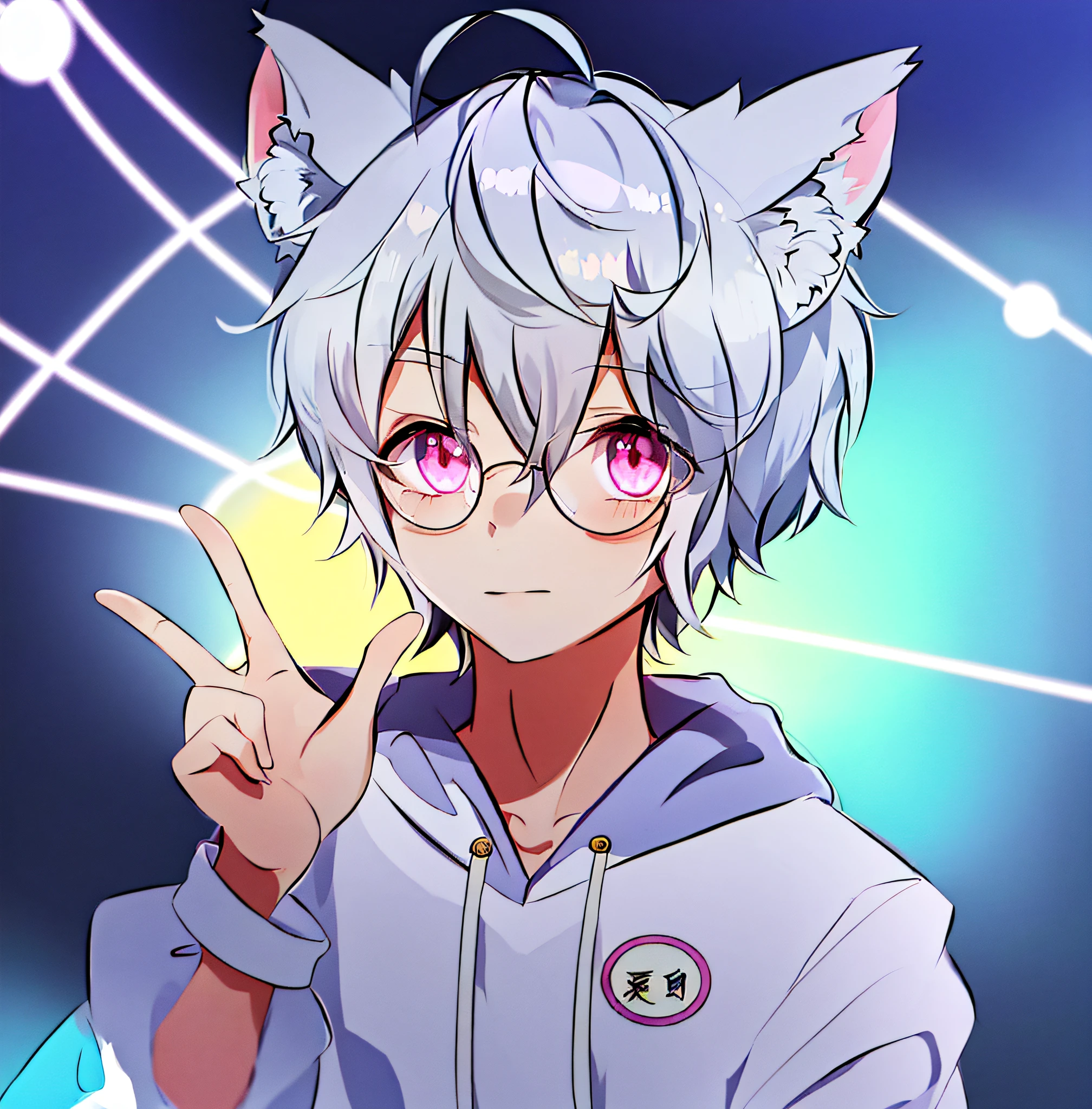 anime girl with cat ears and glasses making a peace sign, nyaruko-san, with index finger, in an anime style, anime girl with cat ears, neferpitou, in anime style, 2 d anime style, white - haired fox, anime catgirl, wolf ears, anime moe artstyle, anime style character, anime boy
