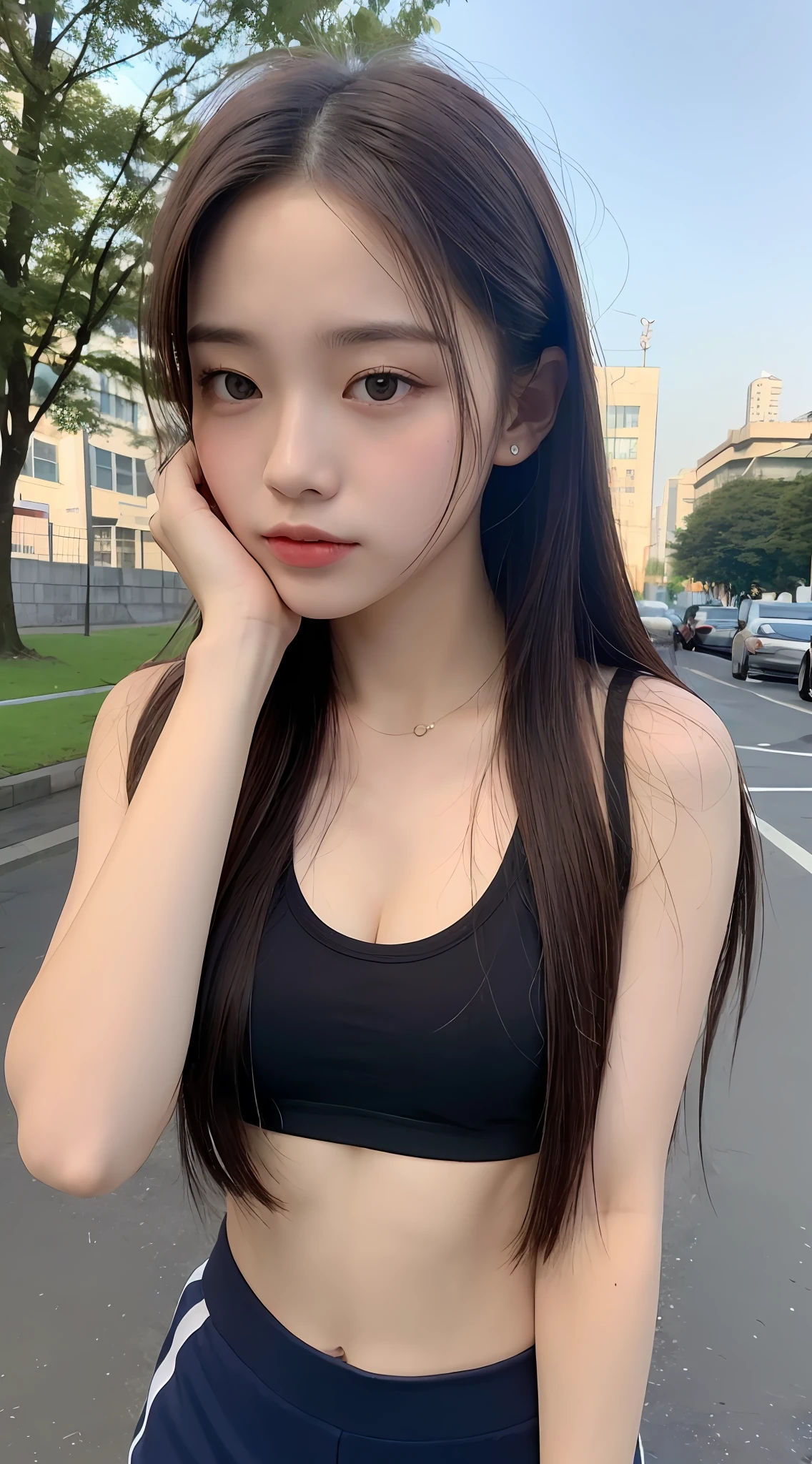 ((Realistic lighting, Best quality, 8K, Masterpiece: 1.3)), ((flat chest)), Clear focus: 1.2, 1girl, Perfect Figure: 1.4, Slim Abs: 1.1, ((Dark brown hair)), (White crop top: 1.4), (Outdoor, Night: 1.1), City streets, Super fine face, Fine eyes, Double eyelids, gym uniform