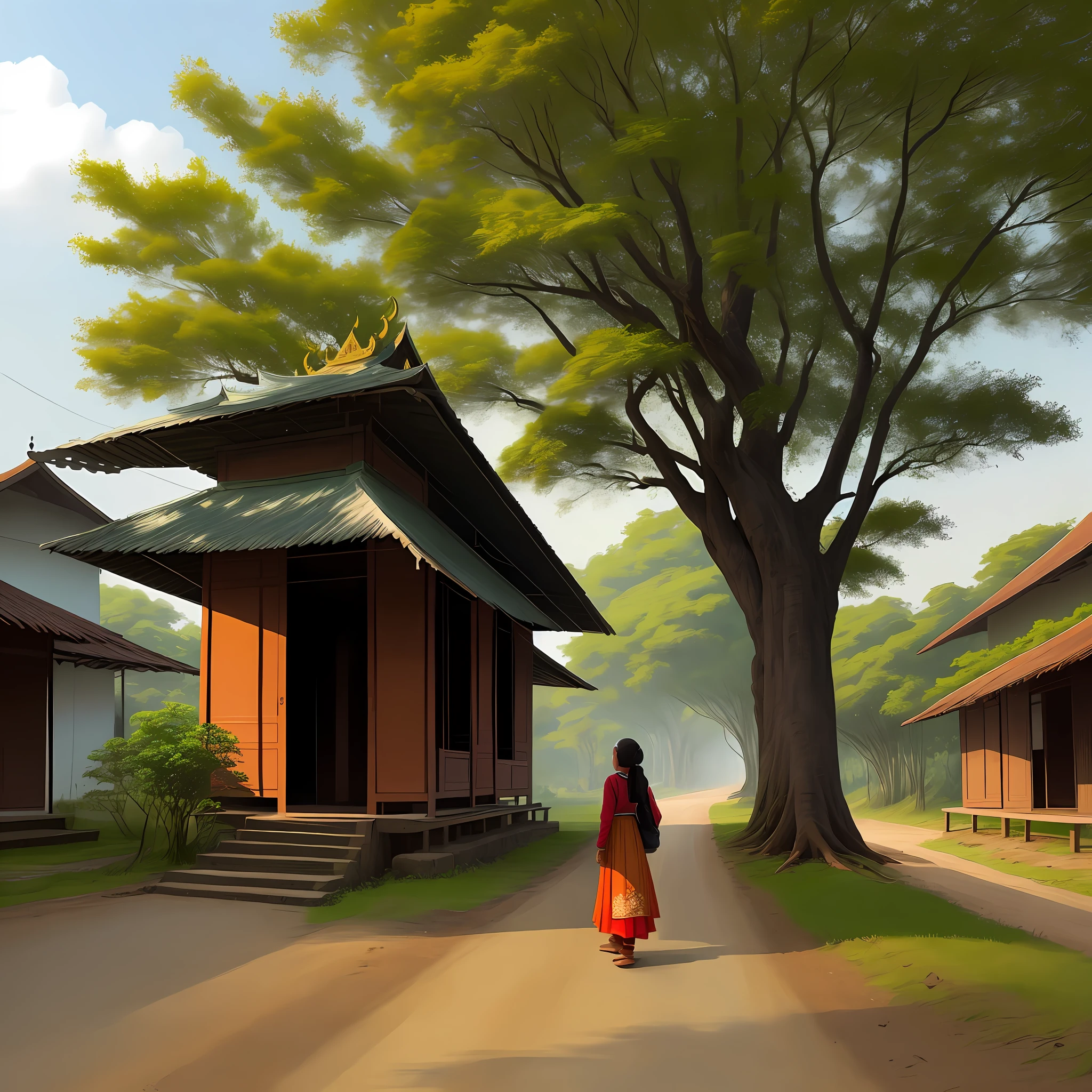 Flowers and tall tree and road and traditional myanmar painting girl