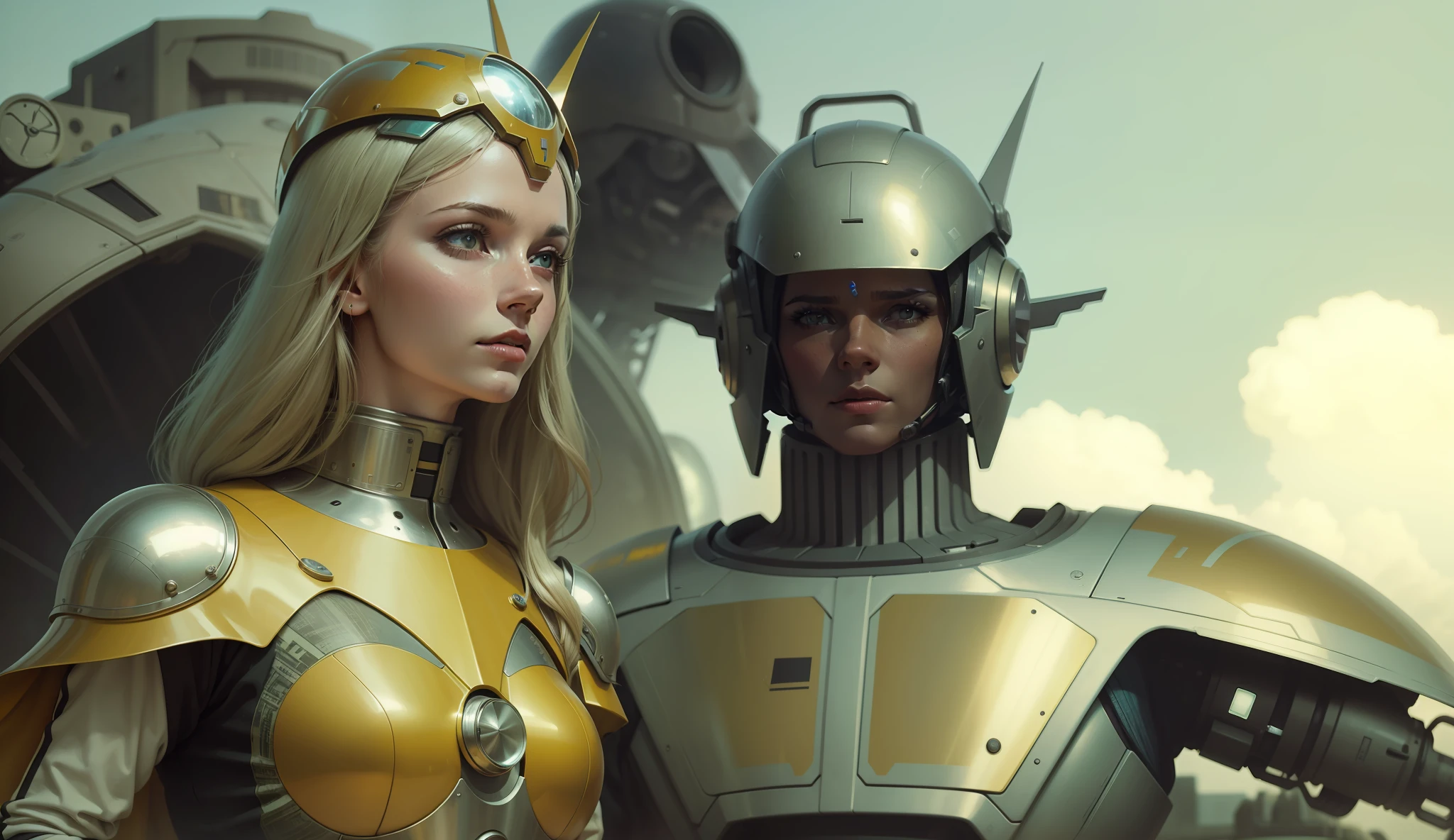 a woman in a sci - themed helmet surrounded by other people, a colorized photo by Barron Storey, featured on cgsociety, retrofuturism, reimagined by industrial light and magic, 1970s, futuristic