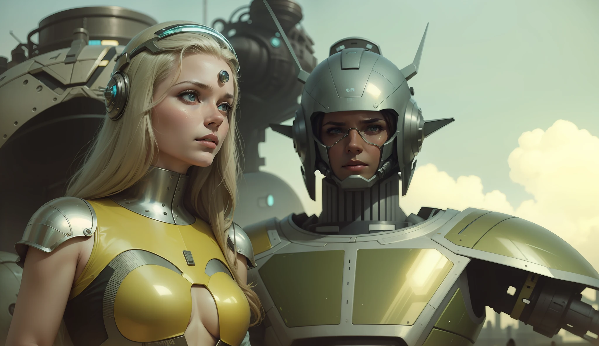 a woman in a sci - themed helmet surrounded by other people, a colorized photo by Barron Storey, featured on cgsociety, retrofuturism, reimagined by industrial light and magic, 1970s, futuristic