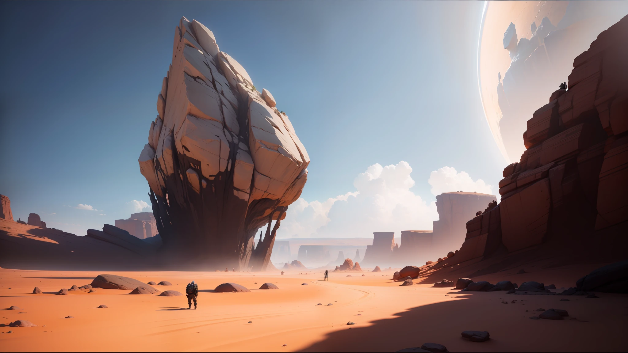 there is a large rock formation in the desert with a person walking on it, unreal engine 5 », jodorowky's dune movie, the artist has used bright, inspired by Noah Bradley, awarded on cgsociety, holding a pair of fans. unreal 5, neal asher sci - fi, the witness, sci - fi -