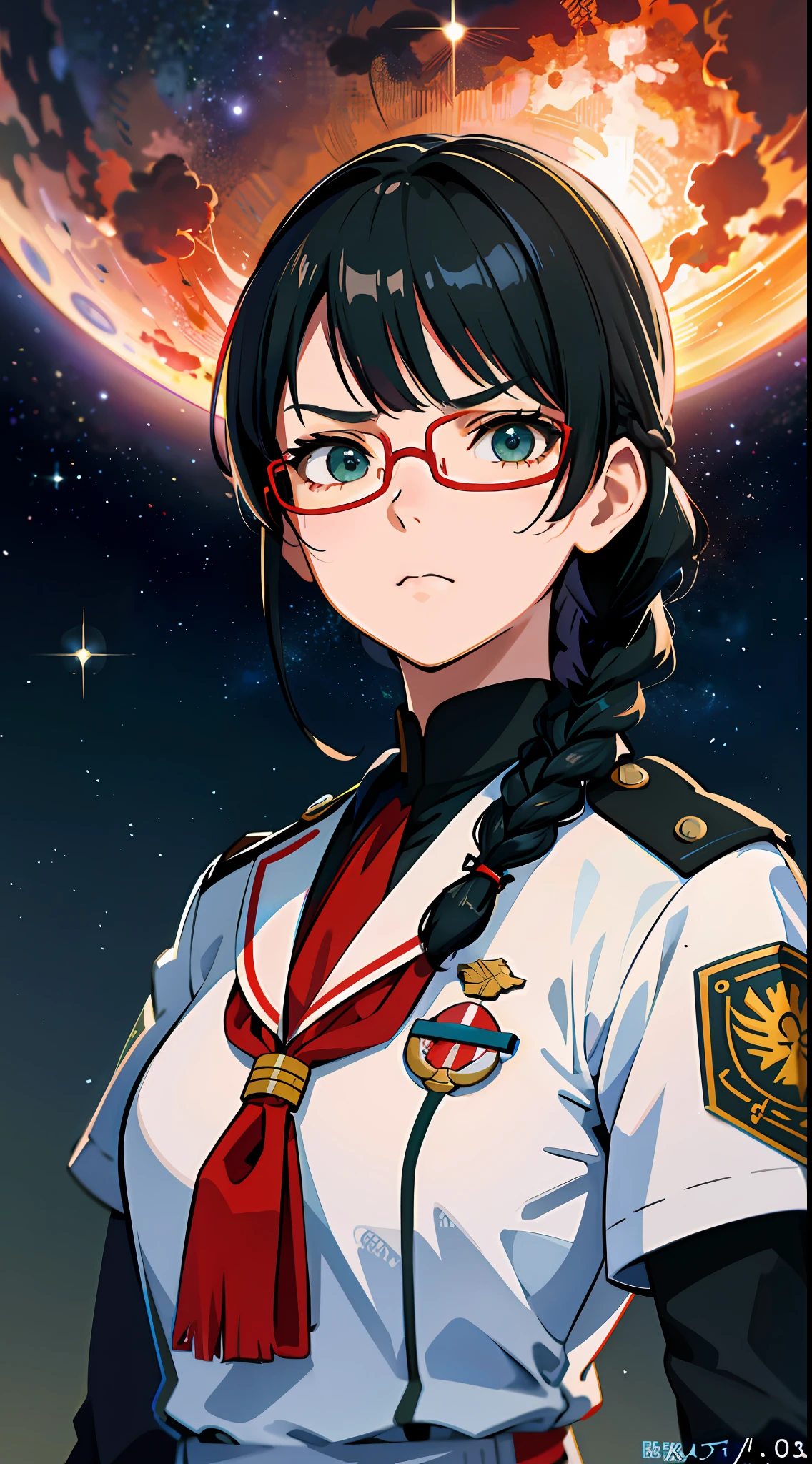 Movie Poster,((Braid Hairstyle : 1.5)),Anime Reference 86 ,Science Fiction,Sci-Fi,Movies,War Action Movies,Space,Atmosphere,Sky,Battleship,Multiple Characters,Women,Adults,Green Eyes,Black Hair,(Pia bangs hairstyle) : 1.8 ),(Red Glasses),General Uniform,White Commander Uniform,Serious Face Light Frown,Realistic Face Detail,Realism,3D Face,