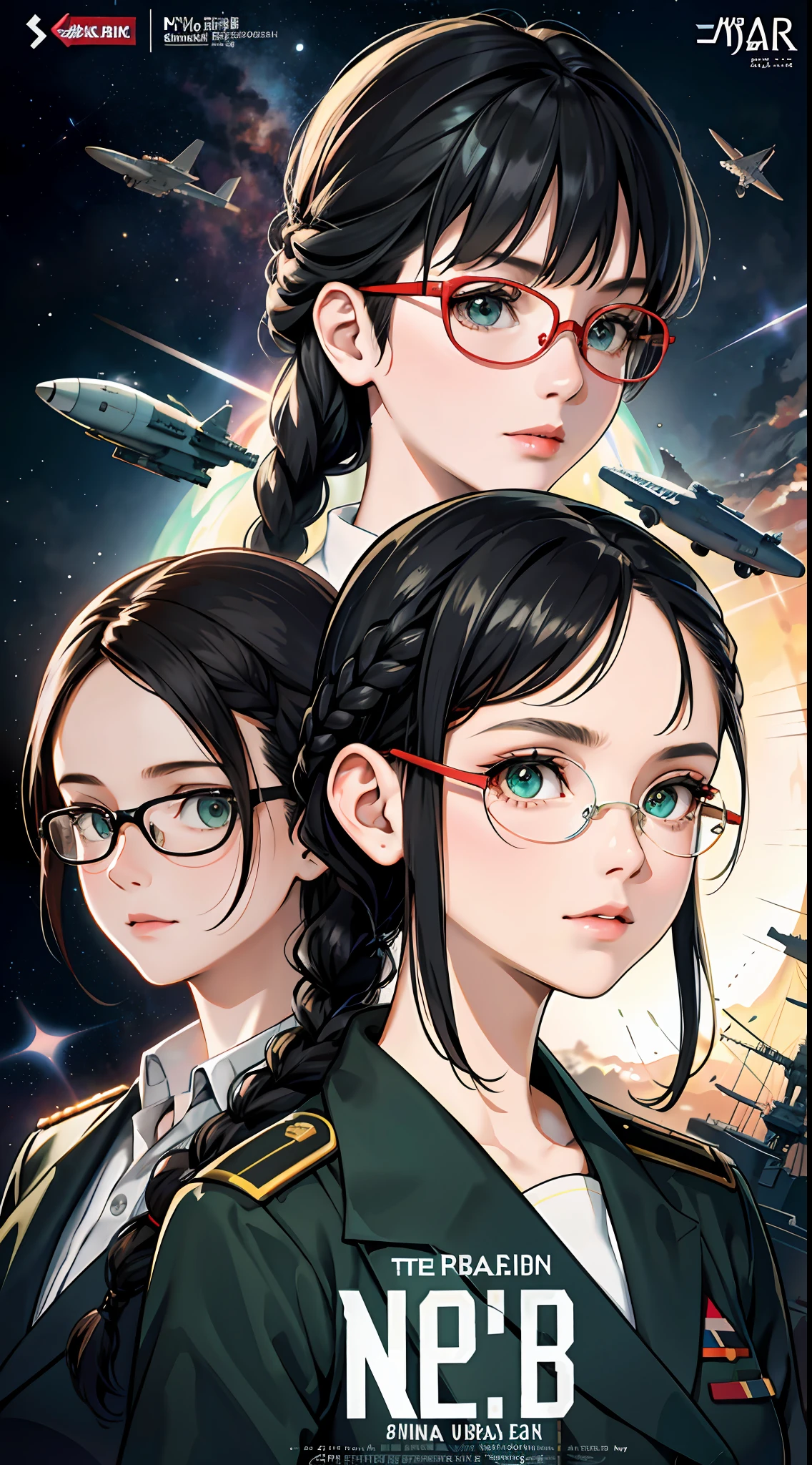 Movie Poster,((Braid Hairstyle : 1.5)),Anime Reference 86 ,Science Fiction,Sci-Fi,Movies,War Action Movies,Space,Atmosphere,Sky,Battleship,Multiple Characters,Women,Adults,Green Eyes,Black Hair,(Pia bangs hairstyle) : 1.8 ),(Red Glasses),General Uniform,White Commander Uniform,Realistic Face Details,Realism,3D Face,