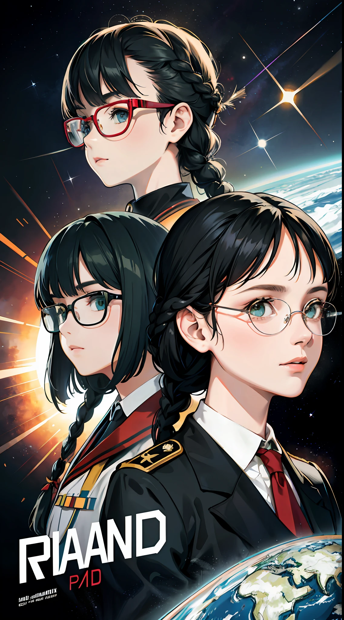Movie Poster,((Braid Hairstyle : 1.5)),Anime Reference 86 ,Science Fiction,Sci-Fi,Movies,War Action Movies,Space,Atmosphere,Sky,Battleship,Multiple Characters,Women,Adults,Green Eyes,Black Hair,(Pia bangs hairstyle) : 1.8 ),(Red Glasses),General Uniform,White Commander Uniform,Realistic Face Details,Realism,3D Face,