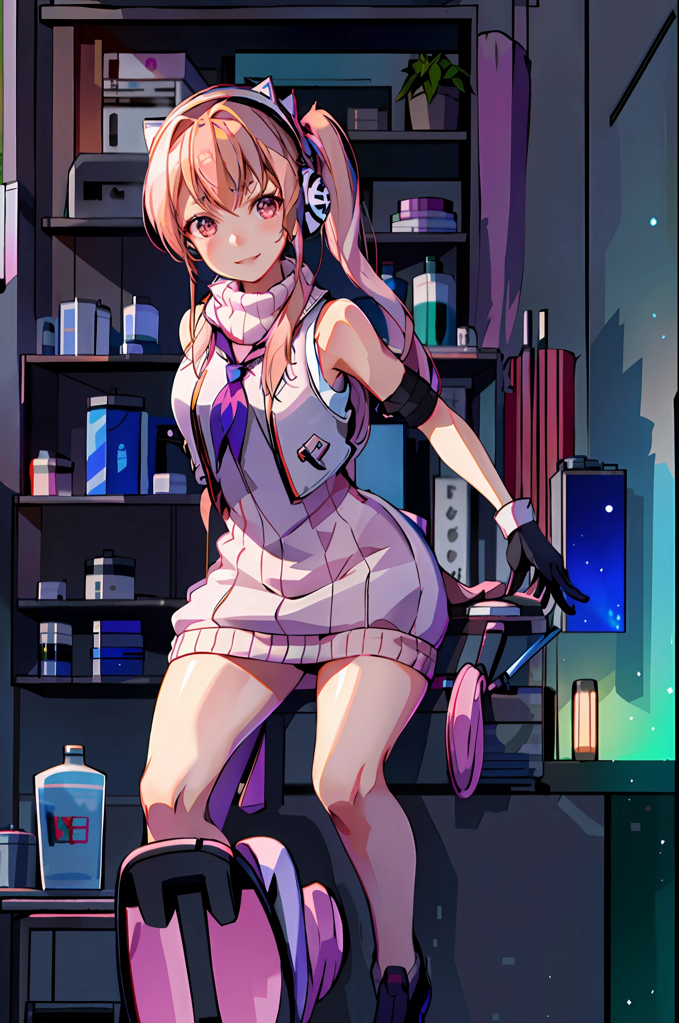 masterpiece, highres, 1girl, goddess of victory: nikke, pepper_(nikke), ペッパー(勝利の女神_NIKKE), beautiful face, detailed face, pink hair, bangs, headphones, gloves, blue neckerchief, sweater, thighs, blush, smile, large breasts, full body, bare shoulders, eyebrows visible through hair, headgear, long hair, looking at viewer, sweater dress, vest, standing