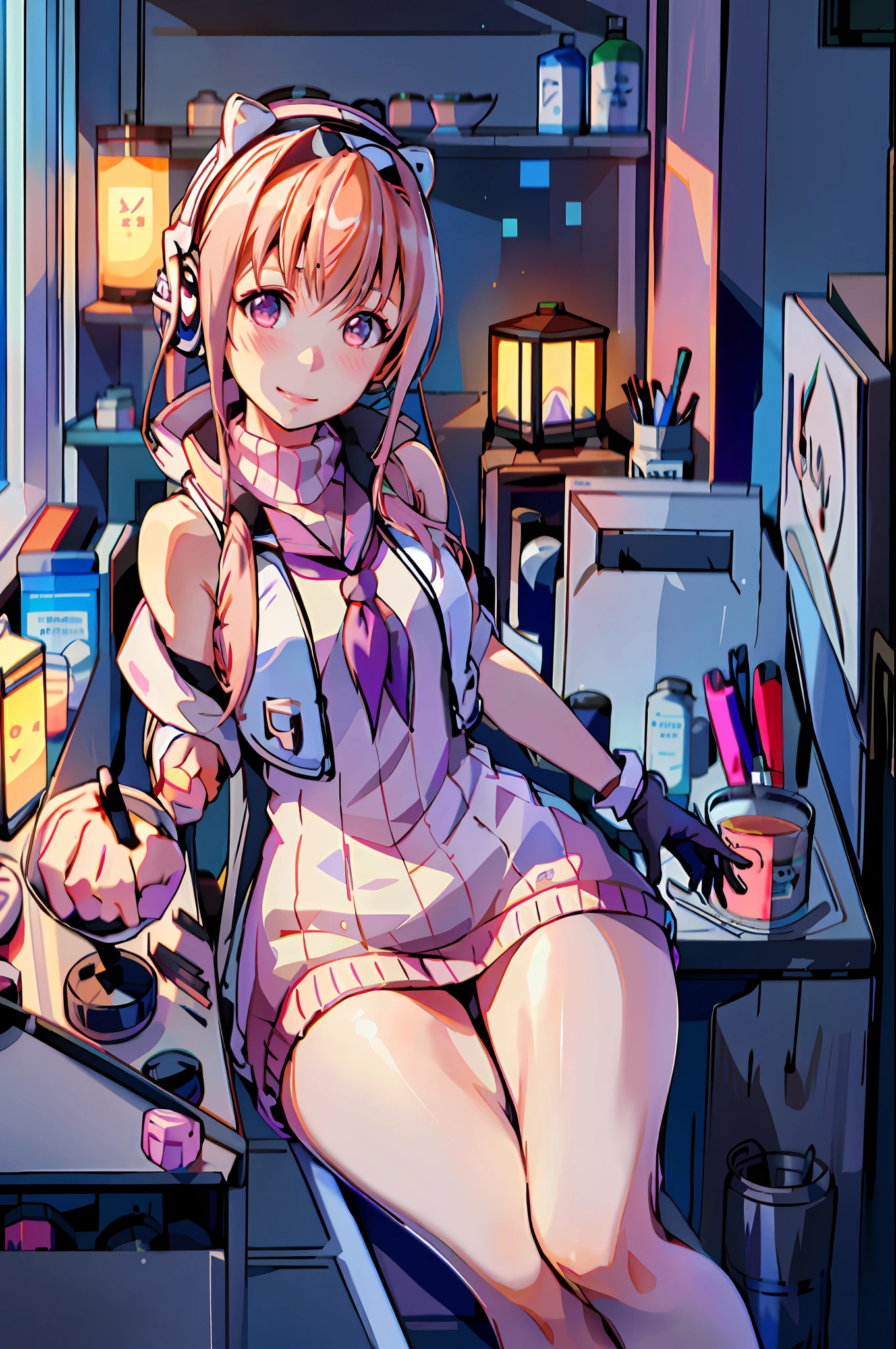 masterpiece, highres, 1girl, goddess of victory: nikke, pepper_(nikke),  ペッパー(勝利の女神_NIKKE), beautiful face, detailed face, pink hair, bangs, headphones, gloves, blue neckerchief,  sweater, thighs, blush, smile,  , full body,  shoulders, eyebrows visible through hair, headgear, long hair, looking at viewer, sweater dress, vest, standing