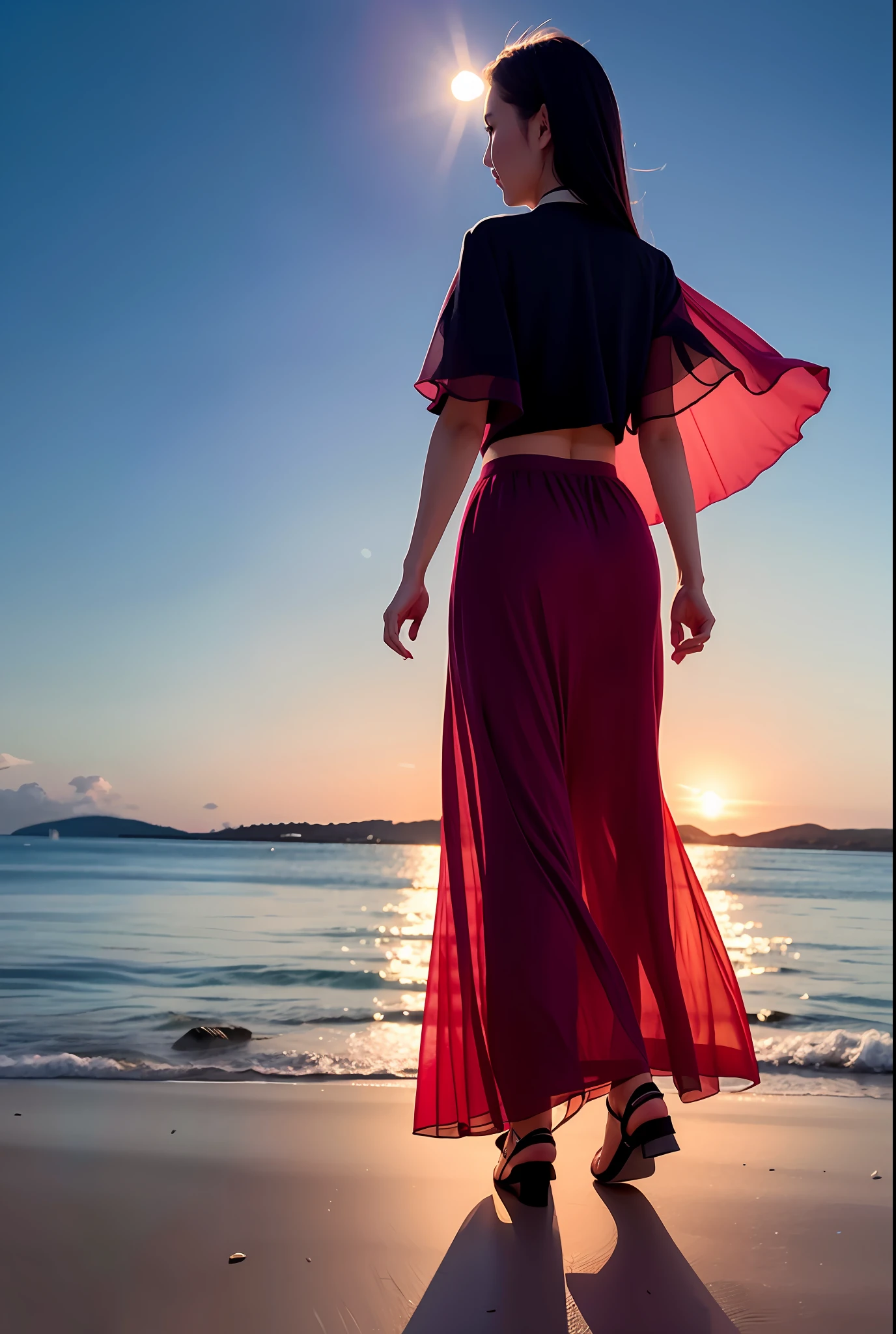 In the evening, a beautiful Chinese girl, wearing a long skirt, chiffon skirt, walking by the sea, modern style, facing the audience, movie perspective