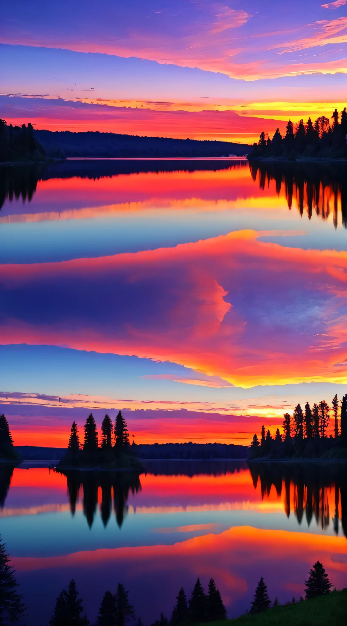 there is a beautiful sunset with a lake and trees in the background, colorful skies, surreal colors, colorful sunset, colorful sky, marvellous reflection of the sky, stunning sky, dream like atmosphere 8k, colorful clouds, colors reflecting on lake, surreal sky, red and blue reflections, fire reflection, beautiful sky, beautiful and spectacular dusk, beautiful dreamy landscape, amazing sky
