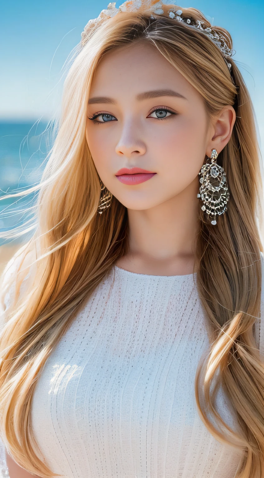 ,((Best quality))),8k,((Masterpiece)),(Extremely refined and beautiful), there is a girl coming out of the sea, a swan princess in Russian mythology, beautiful calm face, blue eyes, long blonde hair braided, the moon braided hair on the back of the head, white old Russian shiny clothes with a Kokoshnik crown on his head, affectionate eyes, half a smile, a gentle expression on his face, seascape and sunlight in the background, seagulls in the sky, full length, realism