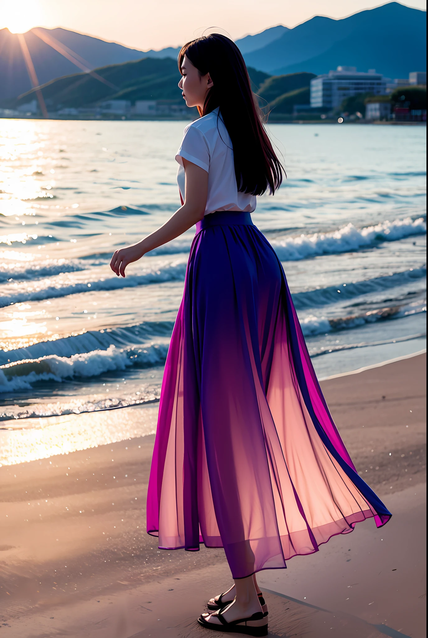 In the evening, a beautiful Chinese girl, wearing a long skirt, chiffon skirt, walking by the sea, modern style, facing the audience, movie perspective