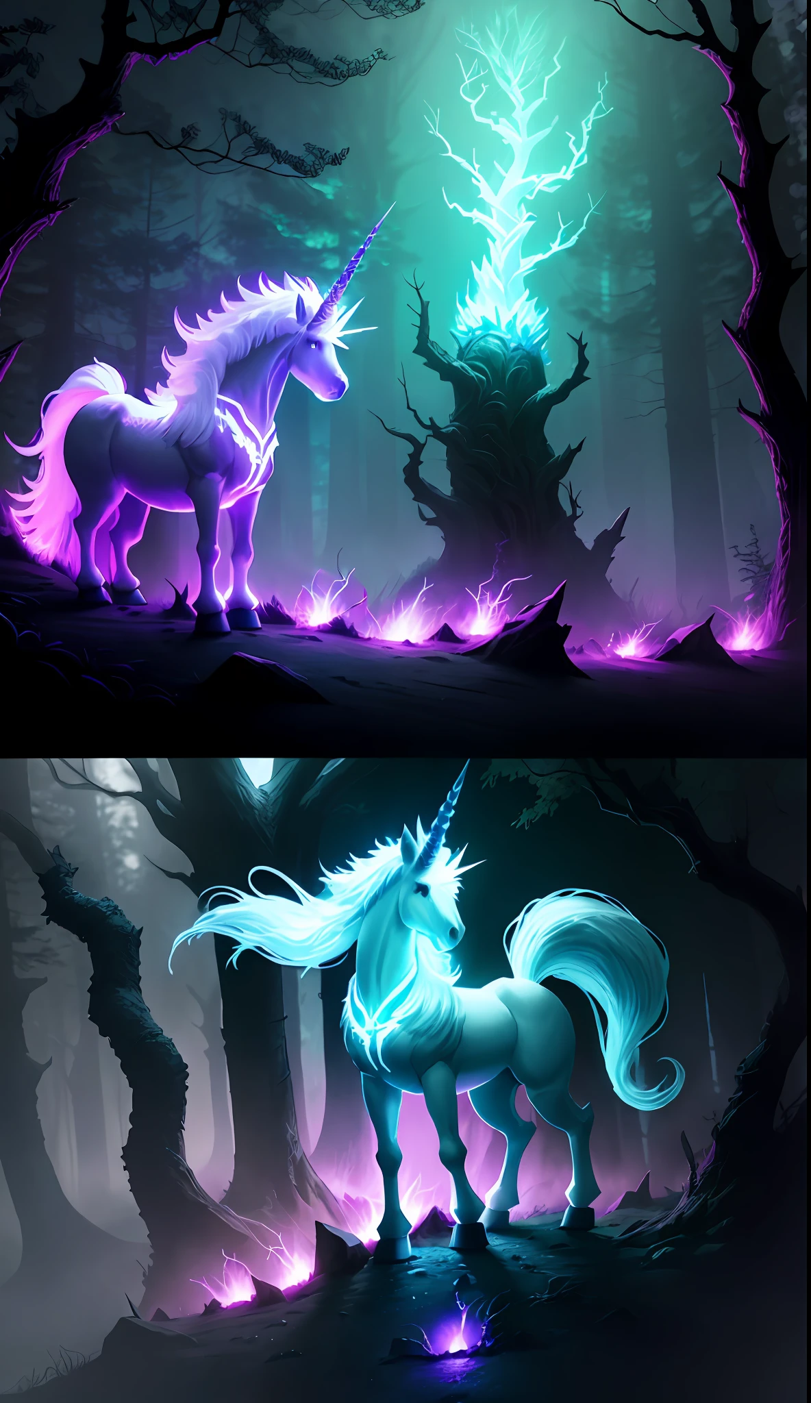 mighty cleric unicorn beast, neon-glowing thorn, twilight forest, mysterious atmosphere, photorealistic, 4k, HD