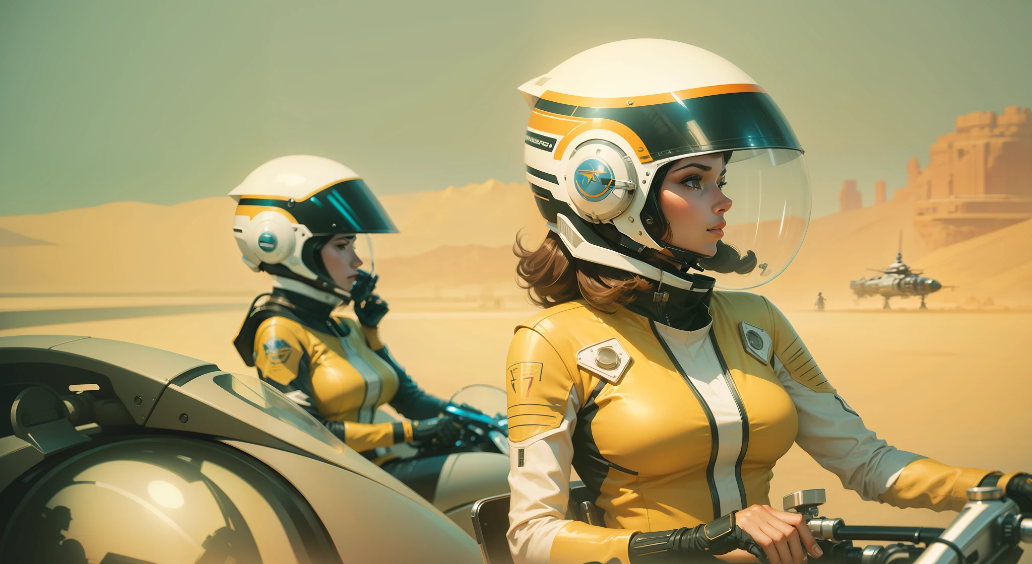 a woman wearing a helmet and sitting on a motorcycle, a detailed matte painting by Syd Mead, cgsociety, retrofuturism, ilya kuvshinov, futuristic, sci-fi