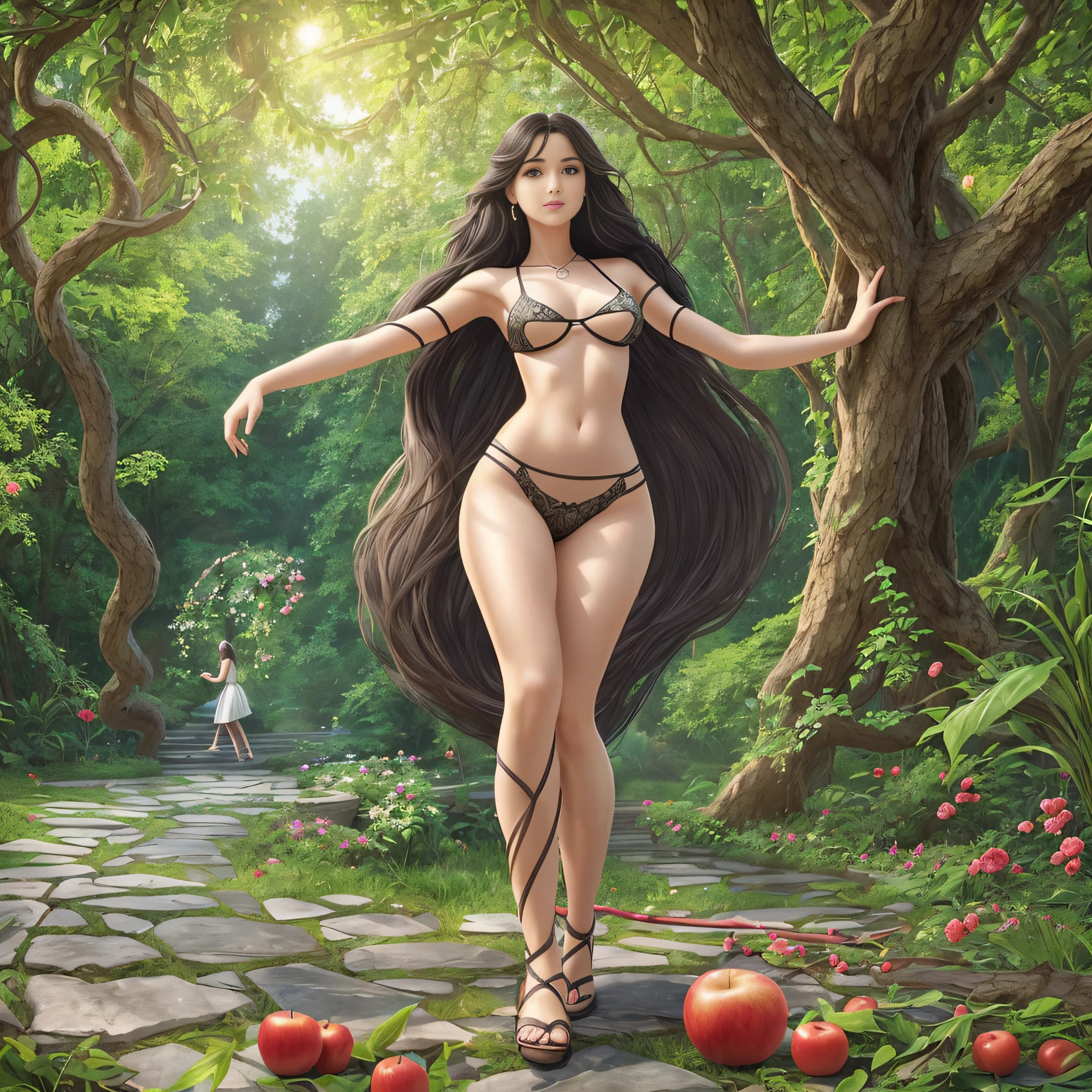 Full body, EVA Rapunzel girl with graceful figure with black hair in the Garden of Eden, girl's body sexy, legs long and graceful, graceful ankles, in the background tree of life on which serpent tempts and red apple of life knowledge, serpent tempts girl, photorealism, super detailed, site 500px, contrast lighting, outline around girl, fill light is soft, 32k