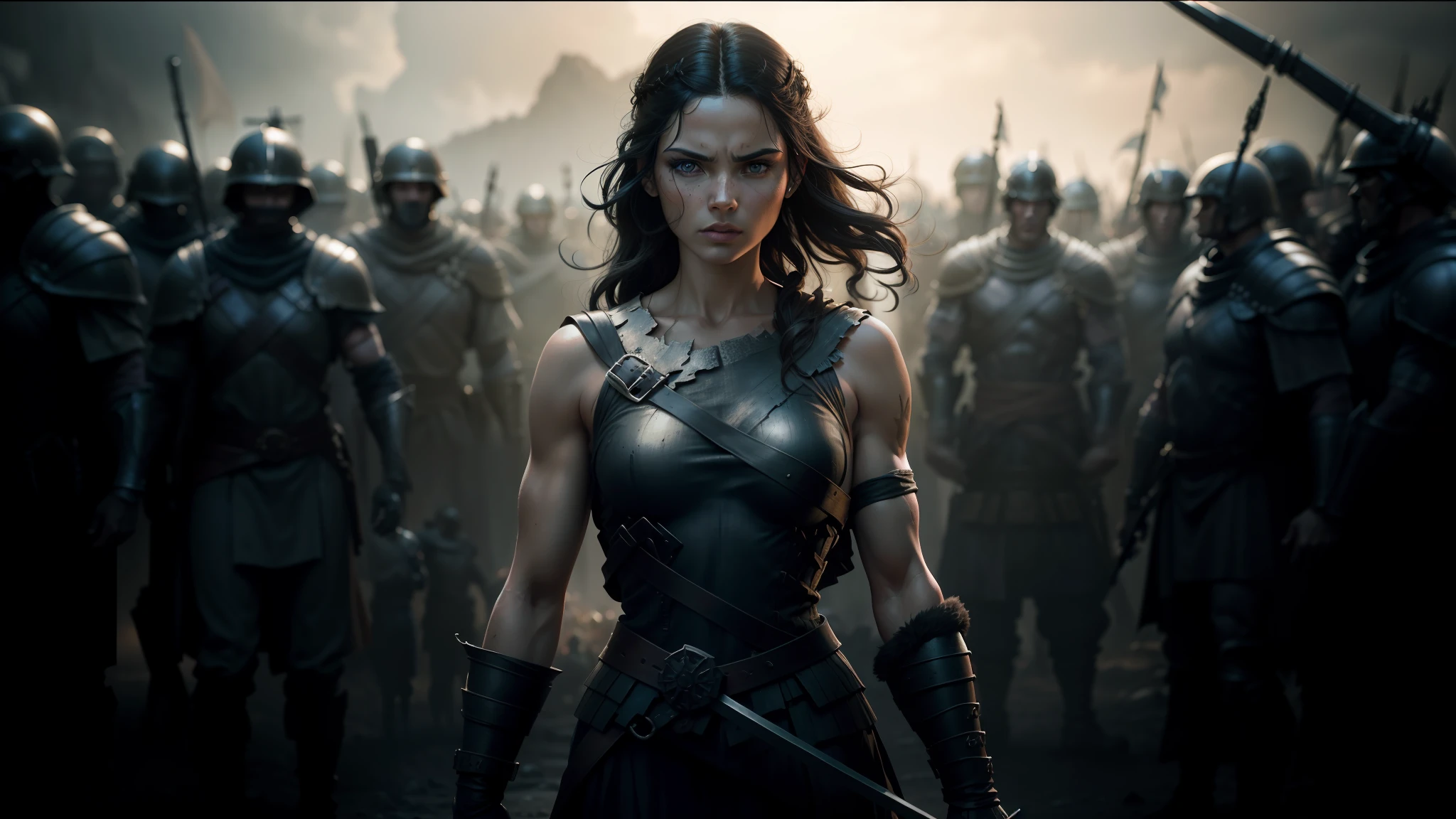 a woman in a costume standing in front of a group of soldiers, in screenshot from the 300 movie, official splash art, furious dark haired women, inspired by Júlíana Sveinsdóttir, sexy movie photo, luthien, skeleton warrior, still from a music video, boardgamegeek, by Jesse Richards, trending digital art