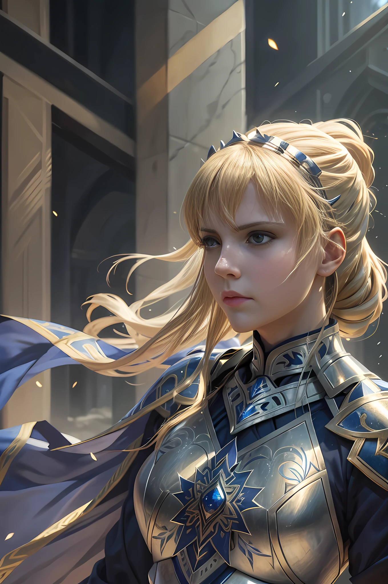 (best quality:1.3), (masterpiece:1.3), (detailed:1.3), 8K, striking depiction of Saber from the anime film "Fate/stay night: Heaven's Feel." Saber stands tall and resolute, clad in her iconic armor, with her noble sword, Excalibur, at her side. The intricate details of her armor, from the engraved patterns to the gleaming metal, are meticulously rendered, showcasing the craftsmanship and regal elegance of her character design. The lighting accentuates her powerful presence, casting a soft glow on her face and highlighting the determination in her eyes. The composition centers around Saber, emphasizing her heroic stature and unwavering resolve. The camera angle is slightly tilted, adding a dynamic touch to the image and capturing the essence of Saber's fierce spirit. This portrayal pays homage to Saber as one of the beloved characters in the "Fate/stay night" series.