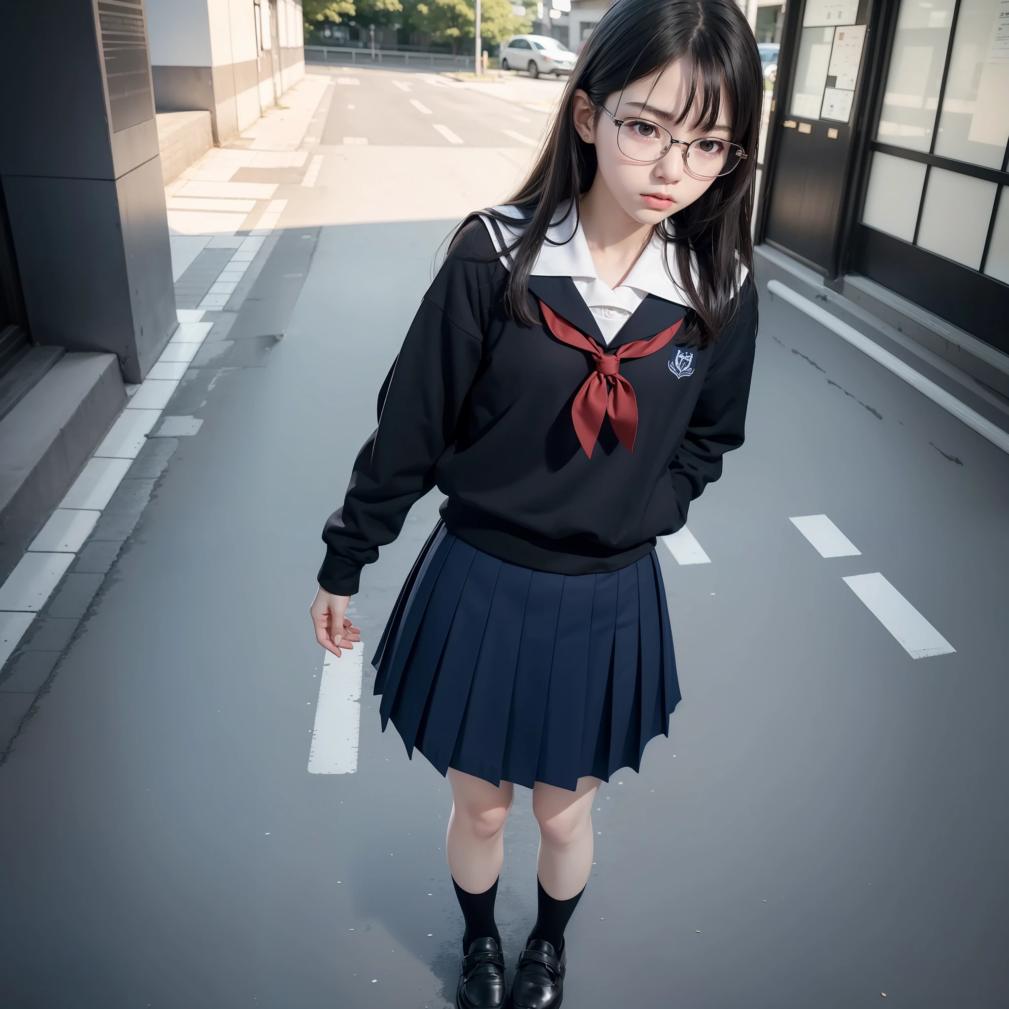 Raw photo, Candid, textured skin, 1 girl,solo, full body, (medium hair:1.2), pale skin, Japan person, glasses, small, young, tall, dark look, bright black eyes, anger, sailor uniform, school uniform, blue skirt, slender body, medium build, small waist, wide thighs, photorealistic, best quality, 8K, masterpiece