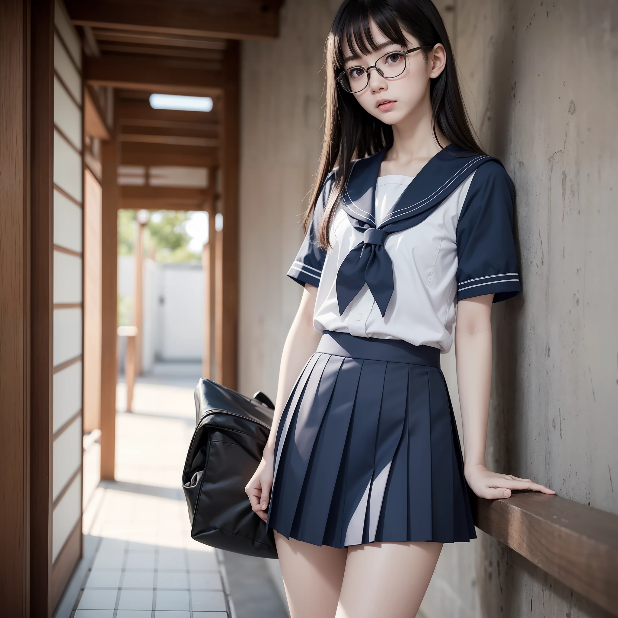 Raw photo, Candid, textured skin, 1 girl,solo, full body, (medium hair:1.2), pale skin, Japan person, glasses, small, young, tall, dark look, bright black eyes, anger, sailor uniform, school uniform, blue skirt, slender body, medium build, small waist, wide thighs, photorealistic, best quality, 8K, masterpiece