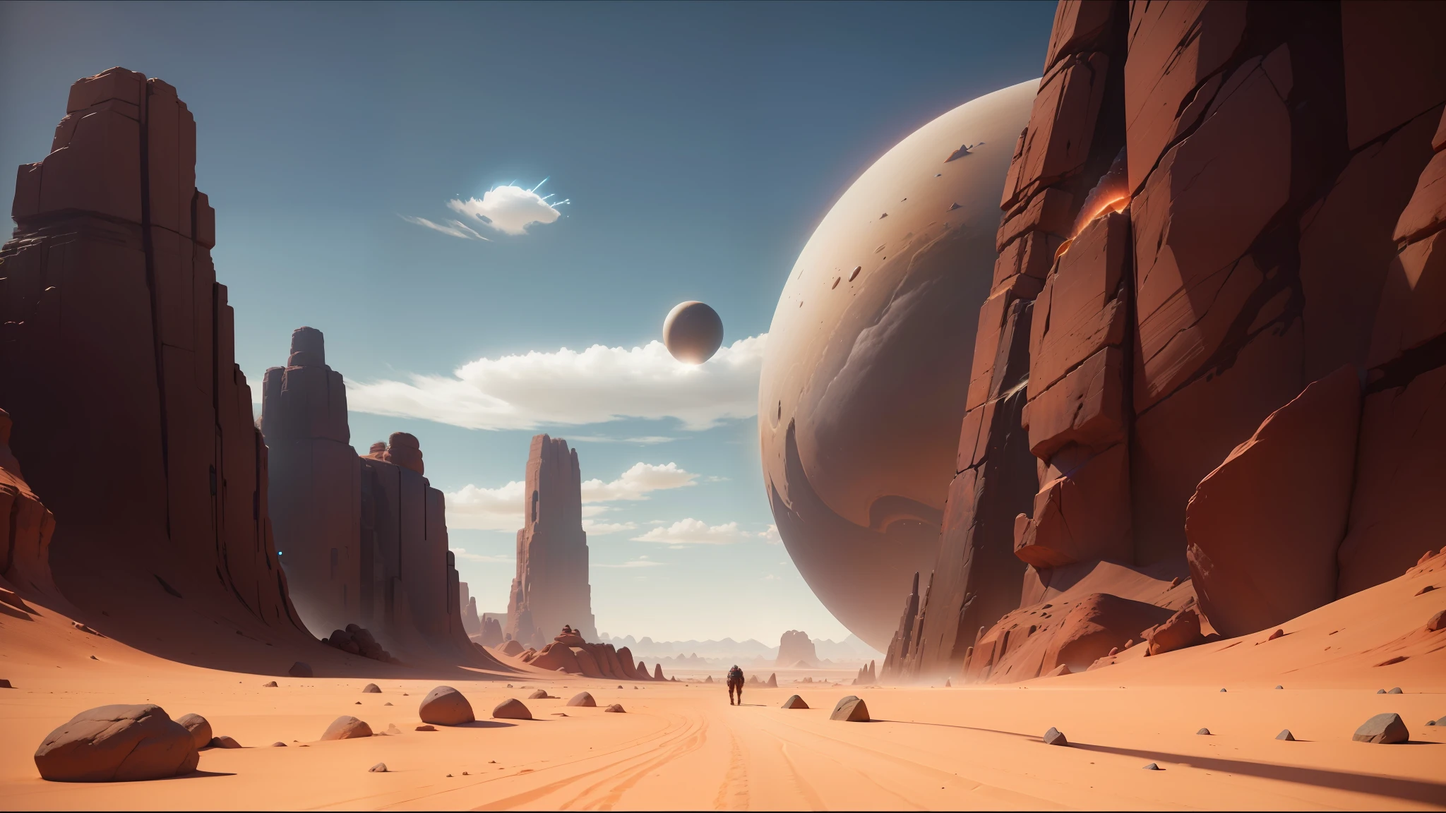 there is a desert with rocks and a large rock formation, unreal engine 5 », by Stanley Twardowicz, sci - fi : :, anamorphic lens flares, surreal nuclear eclipse blast, james gilleard artwork, early screen test, exoplanet, daniel merrian :: ornate, multiverse portal, by Joseph Henderson
