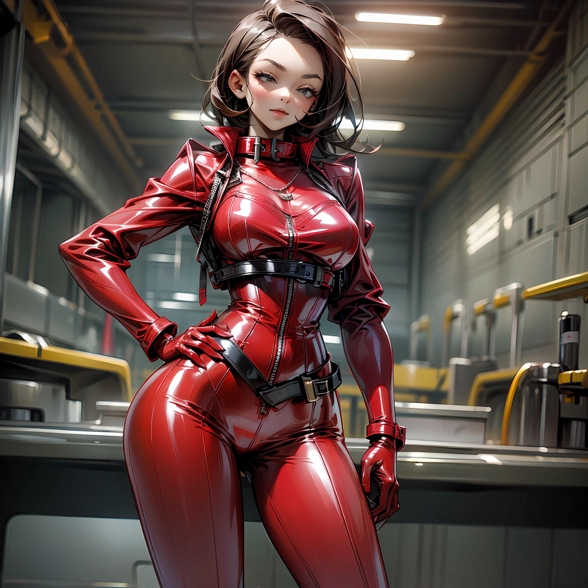 A woman in a red latex jumpsuit poses for a photo in a corset, hands on her hips, collar around her neck, 1girl, metal necklace, seat belt --auto --s2