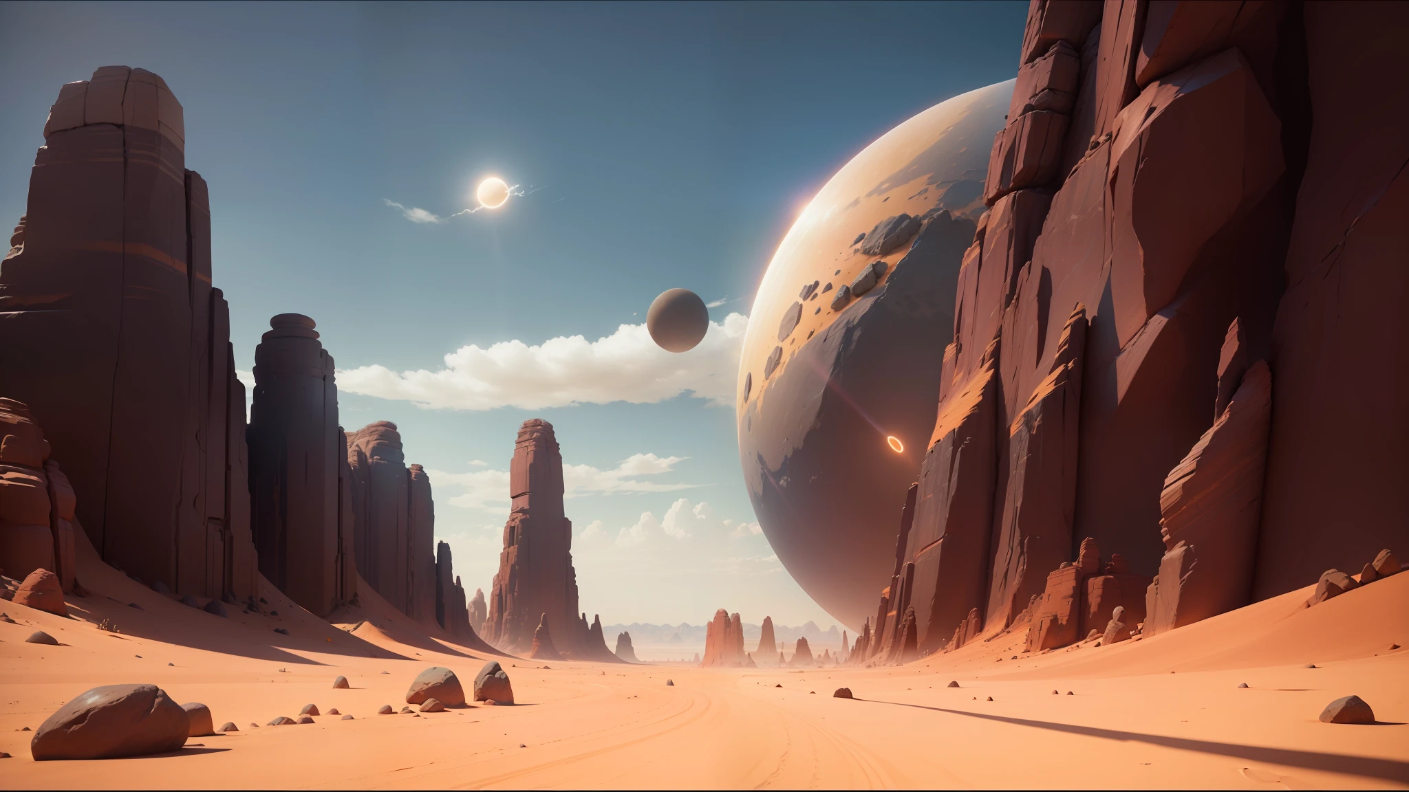 there is a desert with rocks and a large rock formation, unreal engine 5 », by Stanley Twardowicz, sci - fi : :, anamorphic lens flares, surreal nuclear eclipse blast, james gilleard artwork, early screen test, exoplanet, daniel merrian :: ornate, multiverse portal, by Joseph Henderson