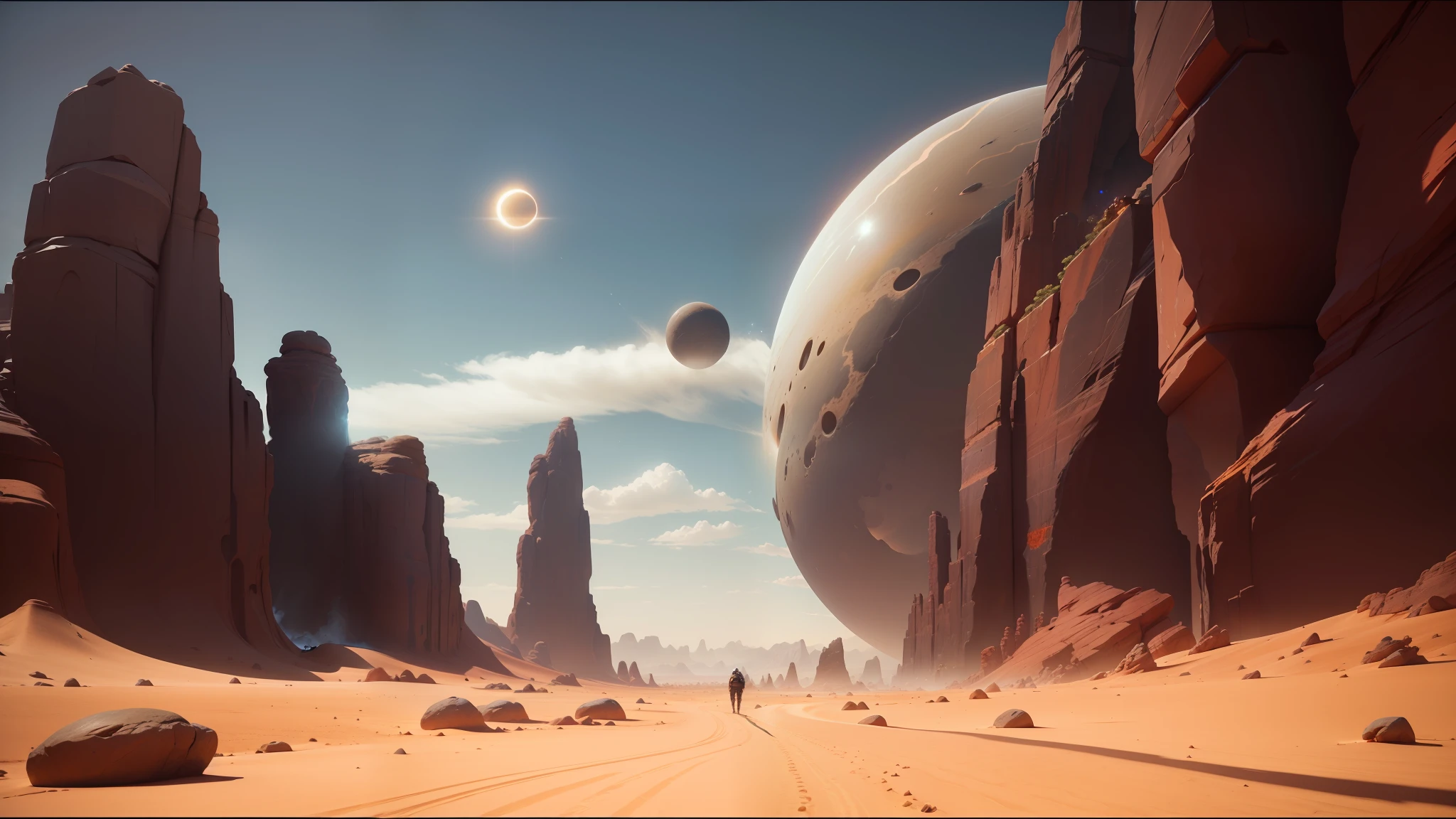 there is a desert with rocks and a large rock formation, unreal engine 5 », by Stanley Twardowicz, sci - fi : :, anamorphic lens flares, surreal nuclear eclipse blast, james gilleard artwork, early screen test, exoplanet, daniel merrian :: ornate, multiverse portal, by Joseph Henderson