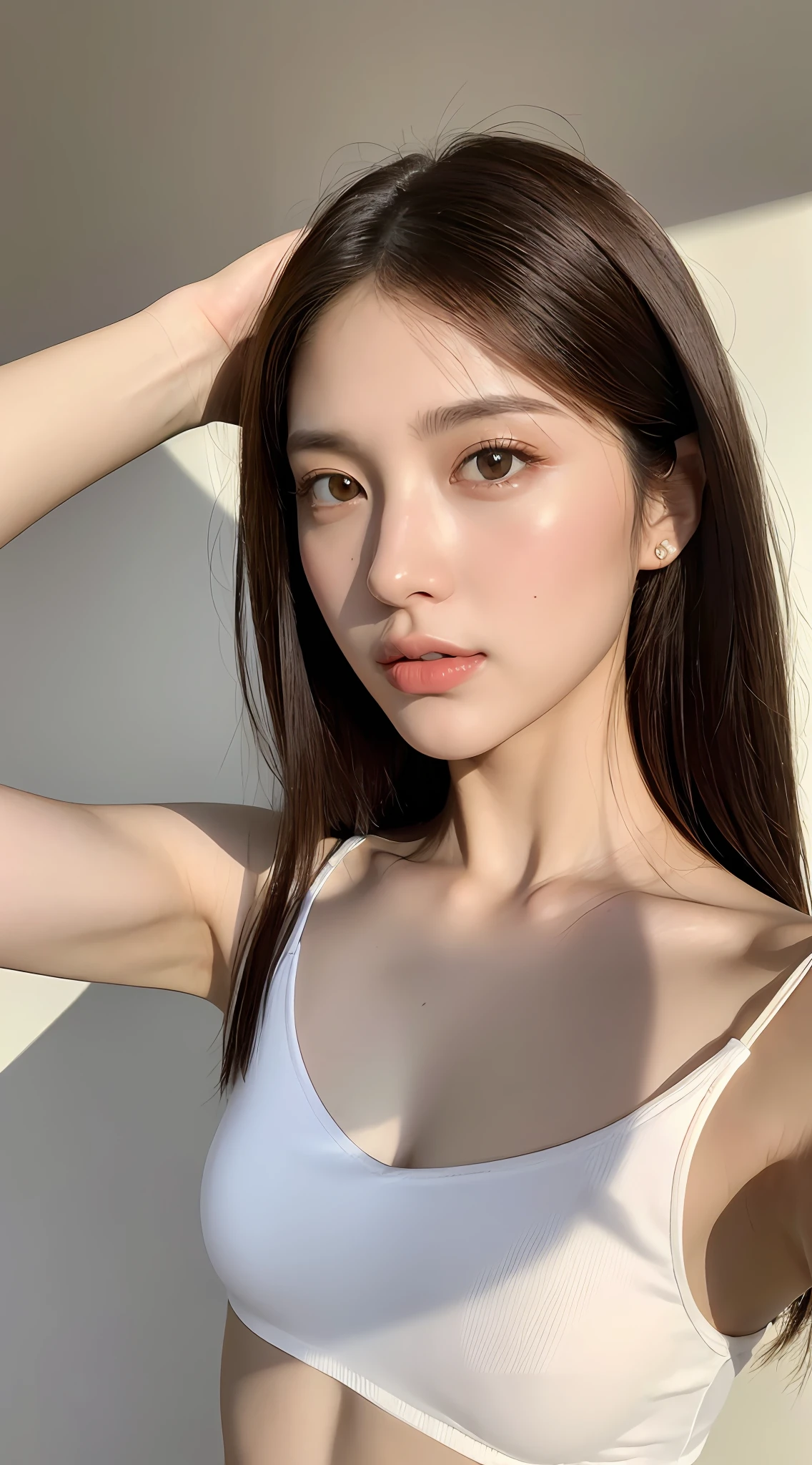 ((Realistic lighting, Best quality, 8K, Masterpiece: 1.3)), ((flat chest)), camisole,,Clear focus: 1.2, 1girl, Perfect Figure: 1.4, ((Dark brown hair)), (White crop top: 1.4), beach, Super fine face, Fine eyes, Double eyelids,