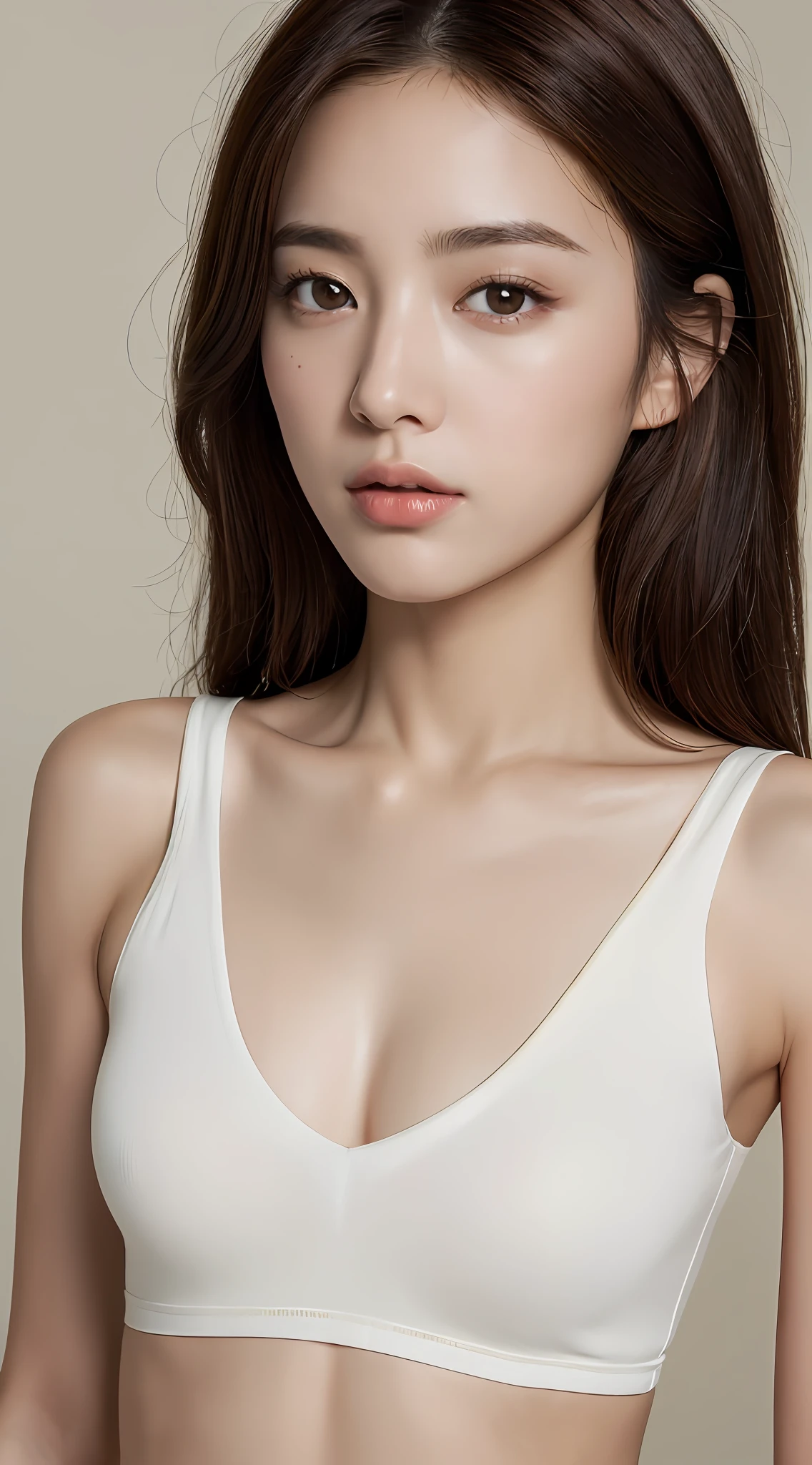 ((Realistic lighting, Best quality, 8K, Masterpiece: 1.3)), ((flat chest)), camisole,,Clear focus: 1.2, 1girl, Perfect Figure: 1.4, ((Dark brown hair)), (White crop top: 1.4), beach, Super fine face, Fine eyes, Double eyelids,