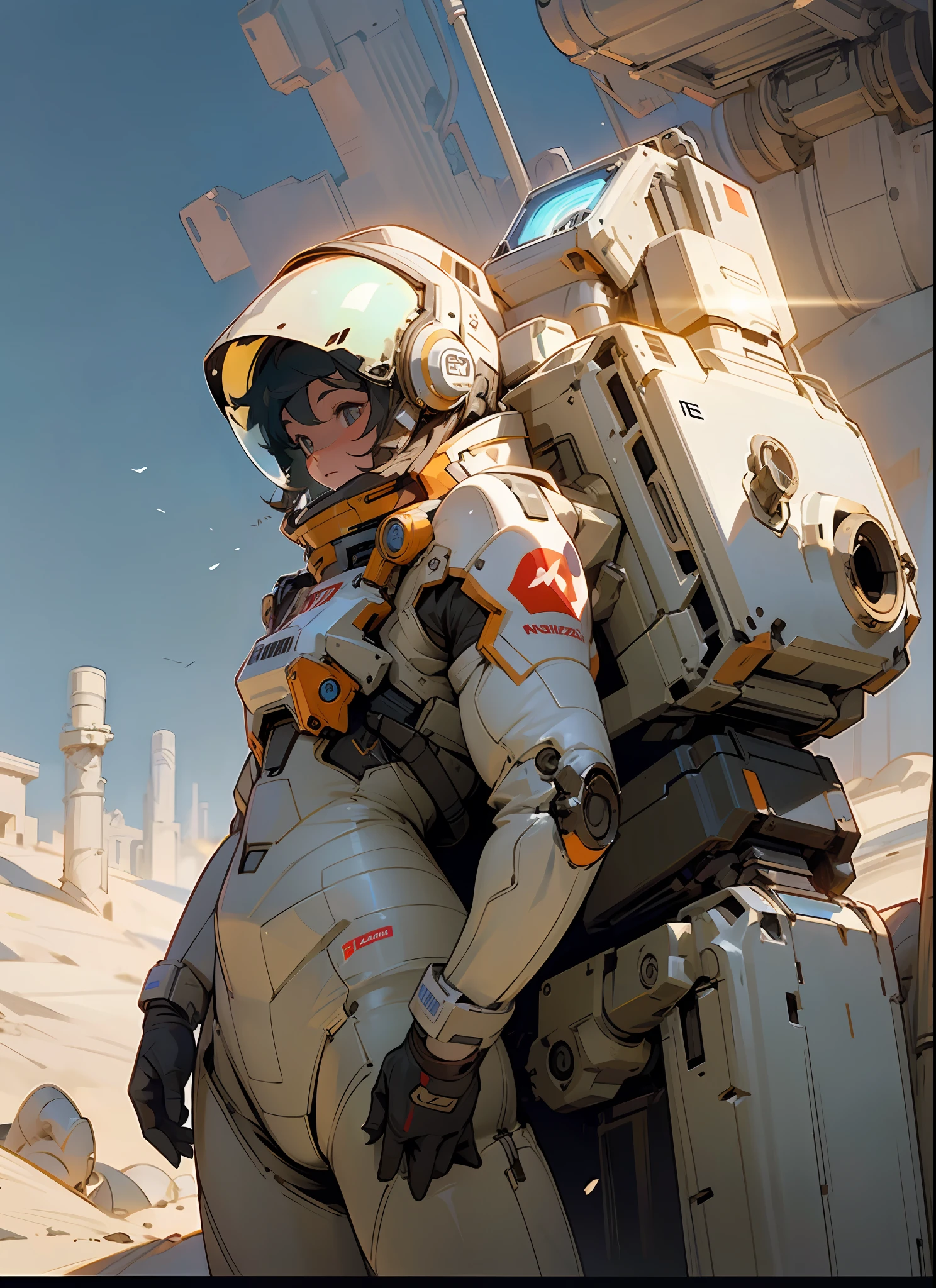 masterpiece, hyperdetail, Illustrations, dynamic angle, 1 girl, spacesuit, full body, outdoor, dust, sandstorm, post-apocalyptic wasteland, third person, withe flower, cinematic lighting