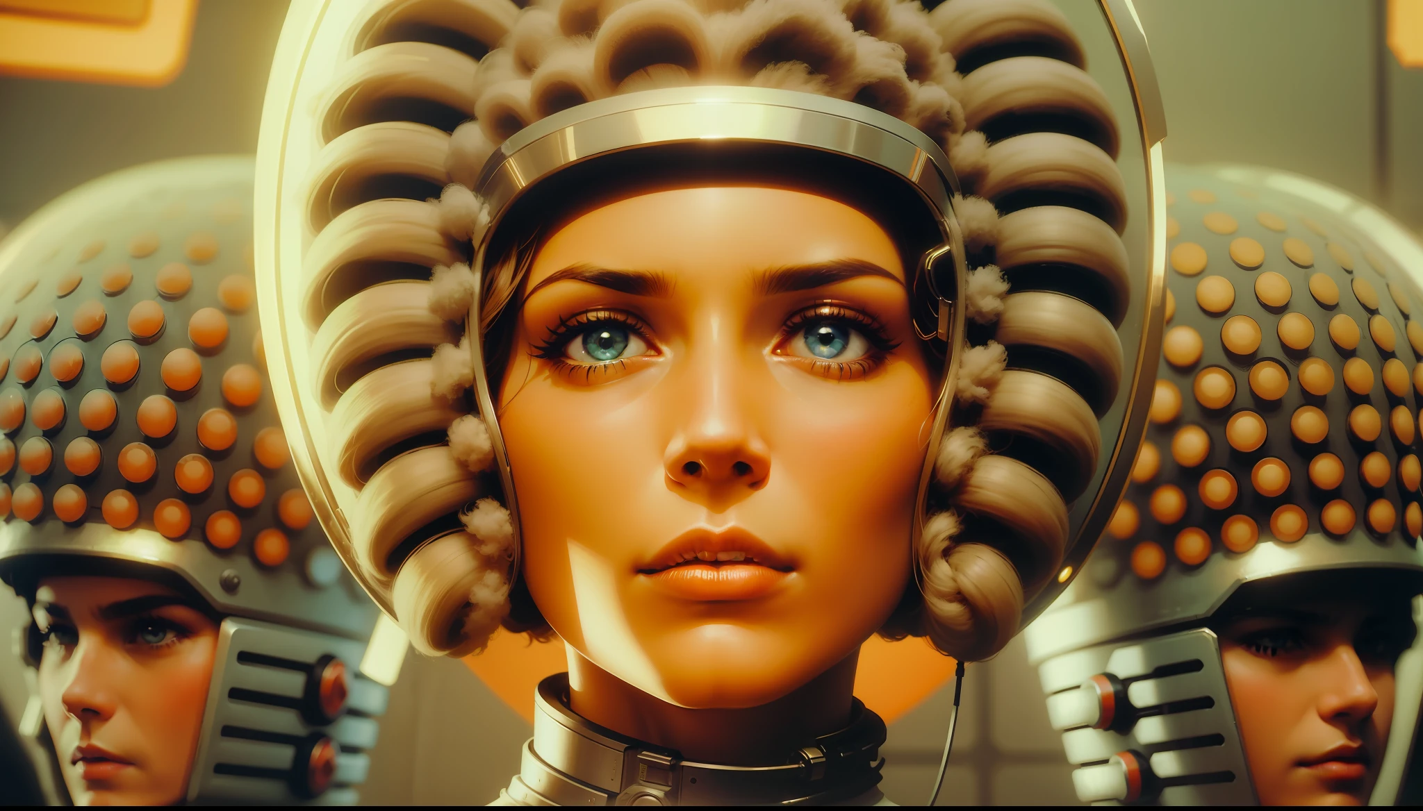 a woman in a sci - themed helmet surrounded by other people, a colorized photo by Barron Storey, featured on cgsociety, retrofuturism, reimagined by industrial light and magic, 1970s, futuristic