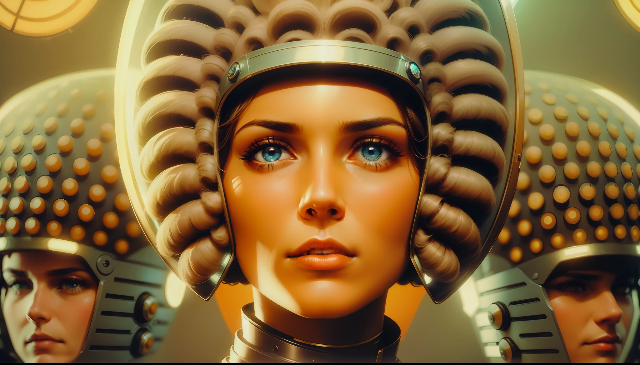 a woman in a sci - themed helmet surrounded by other people, a colorized photo by Barron Storey, featured on cgsociety, retrofuturism, reimagined by industrial light and magic, 1970s, futuristic