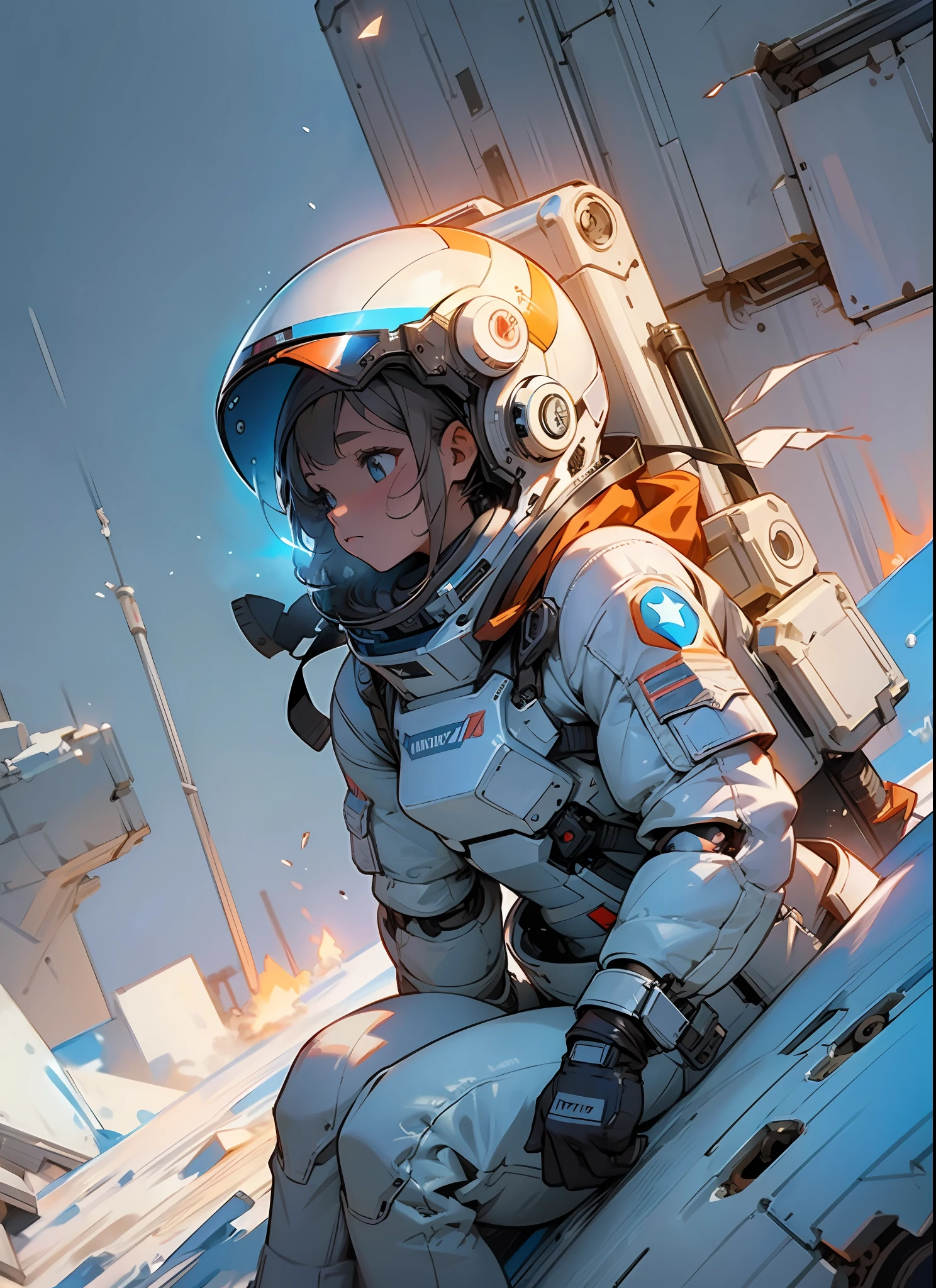 masterpiece, hyperdetail, Illustrations, dynamic angle, 1 girl, spacesuit, full body, outdoor, snowstorm, small flame, post-apocalyptic wasteland, third person, cinematic lighting