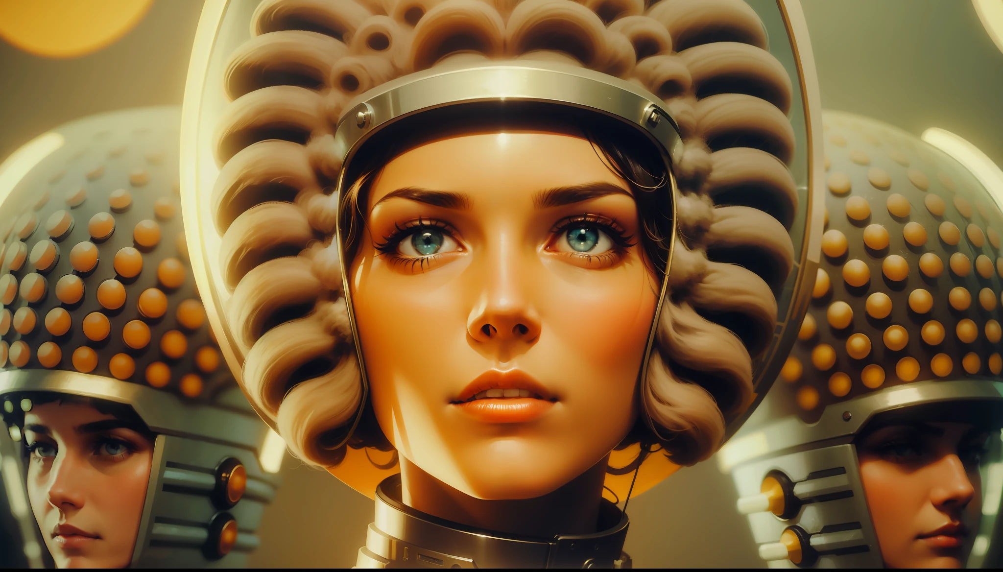 a woman in a sci - themed helmet surrounded by other people, a colorized photo by Barron Storey, featured on cgsociety, retrofuturism, reimagined by industrial light and magic, 1970s, futuristic