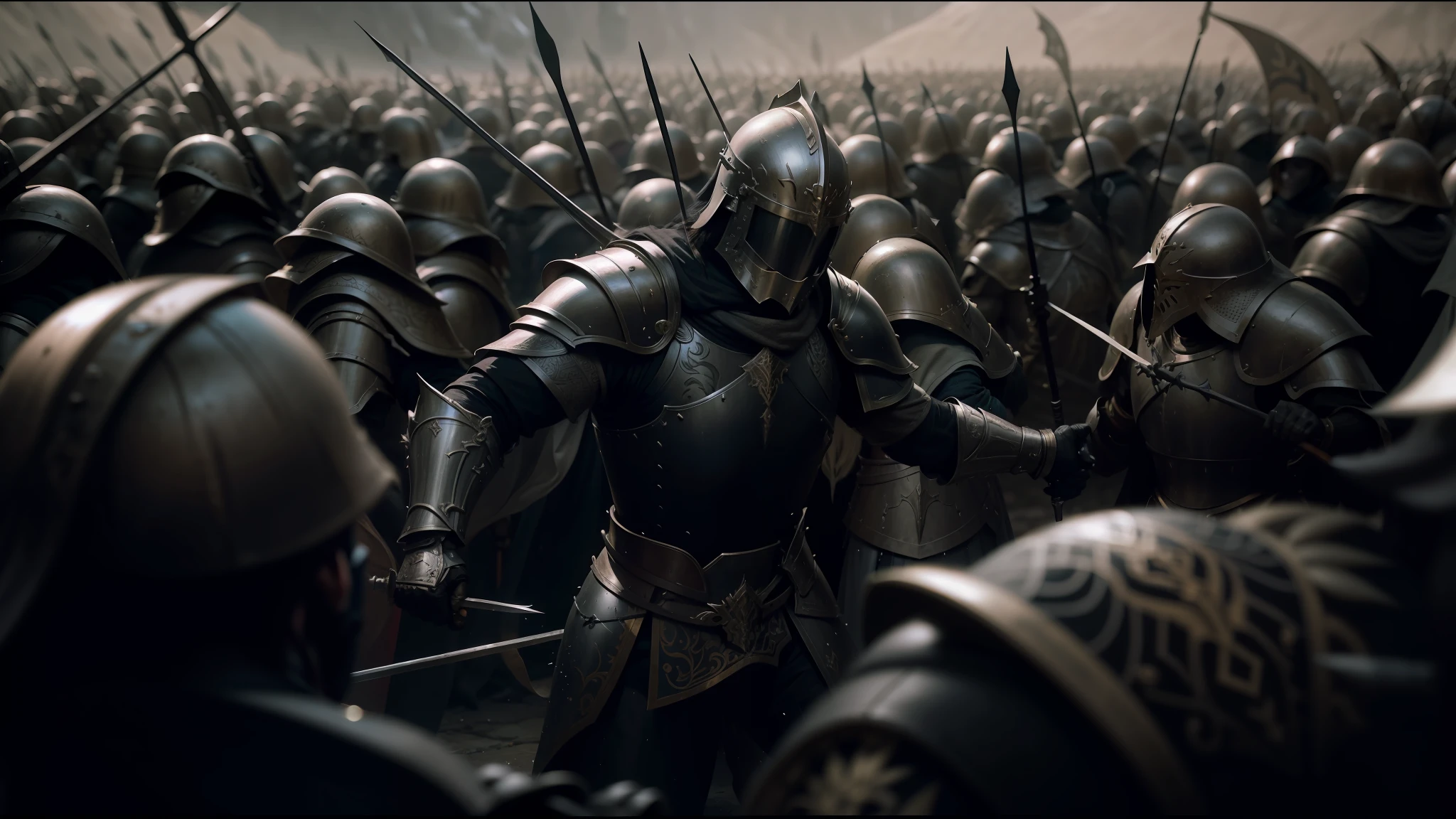 arafed image of a group of men in armor with spears and spears, vfx film closeup, scene where she is in rivendell, grimdark chaos fortress, riot shields, still from a music video, an army recruitment poster, inspired by Kamāl ud-Dīn Behzād, in a suit of armour, awarded on cgsociety