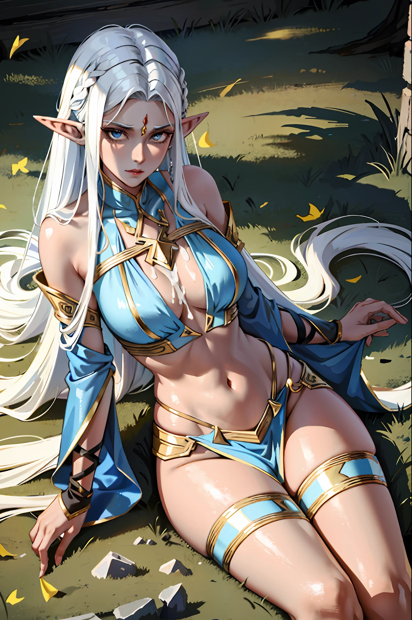 A tall and beautiful elf woman, with yellow pupils, contempt in her eyes, a cold expression, a haughty posture, a straight chest, dark skin, a red transparent veil, silver tied hair, showing her chest and shoulders , showing her navel and thighs, looking up at the camera, laying down. cum on face, cum, cum on body, night