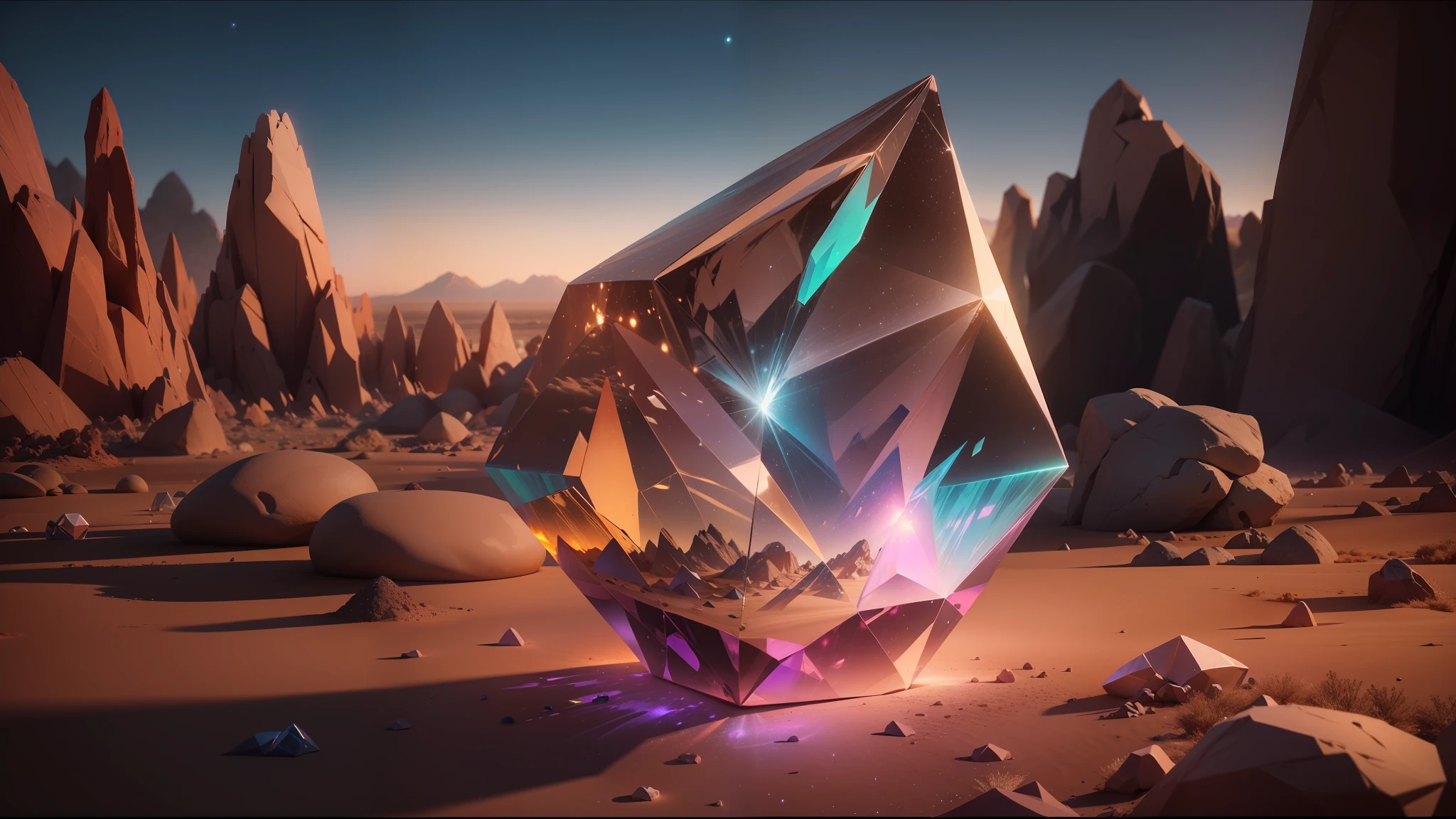 there is a crystal in the middle of a desert with rocks, 2 0 2 1 cinematic 4 k framegrab, behance, dichroic prism, cute! c4d, by Steven James Petruccio, projection mapping, behance. polished, inspired by Jean Baptiste Debret, anamorphic, diamond skin