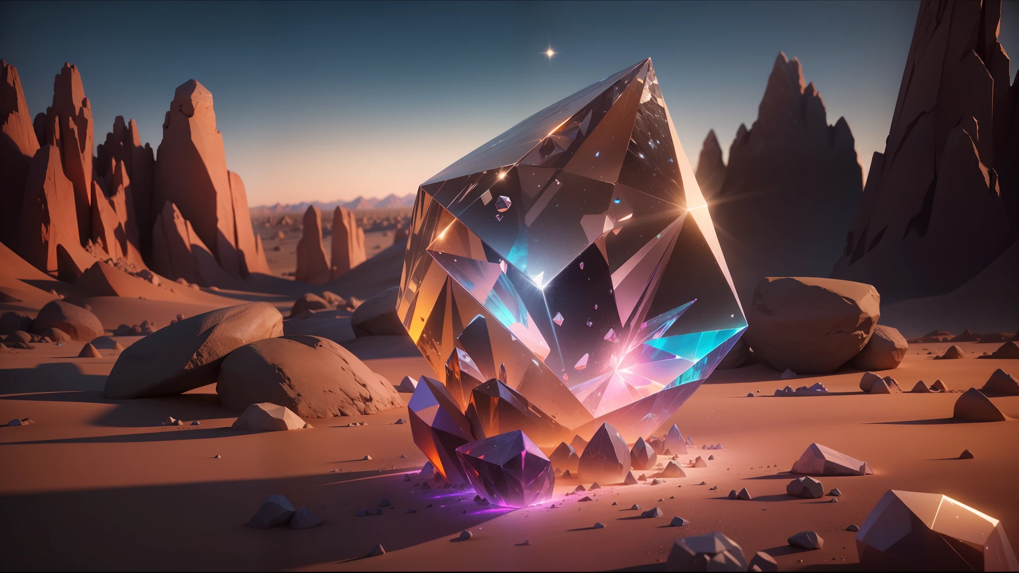 there is a crystal in the middle of a desert with rocks, 2 0 2 1 cinematic 4 k framegrab, behance, dichroic prism, cute! c4d, by Steven James Petruccio, projection mapping, behance. polished, inspired by Jean Baptiste Debret, anamorphic, diamond skin