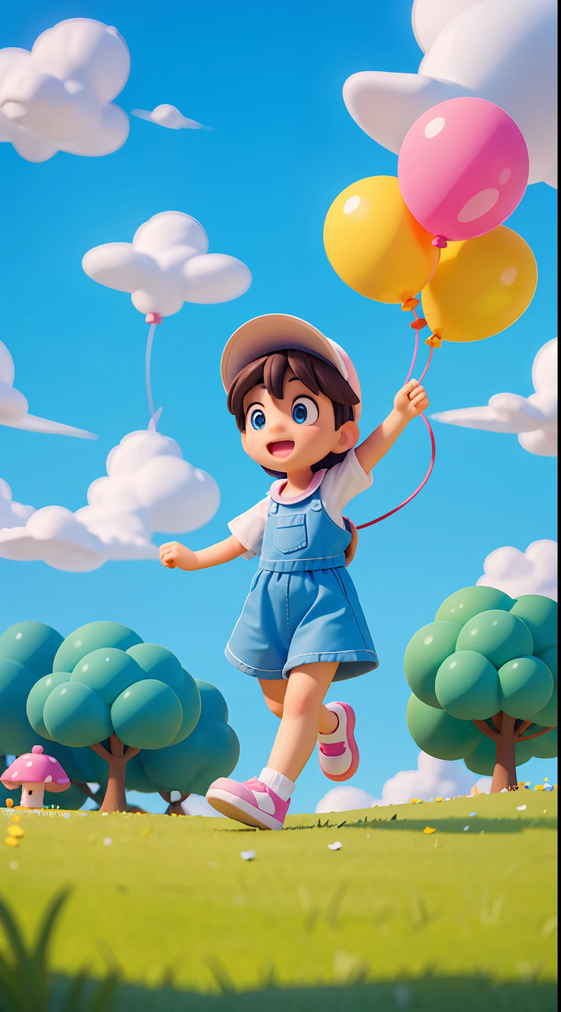 A father leads his child to run happily, surrounded by balloons, wearing fashionable clothes, colorful, blue sky and white clouds, natural scenery, a lot of grasslands around, amusement park background, dreamy, exciting, super cute children's IP by bubble mart, bright colors, model blind box toy, disney style, fine gloss, oc rendering, pastel colors, movie textures, medium close-up, high detail, 3d rendering, high quality, best quality, 8K