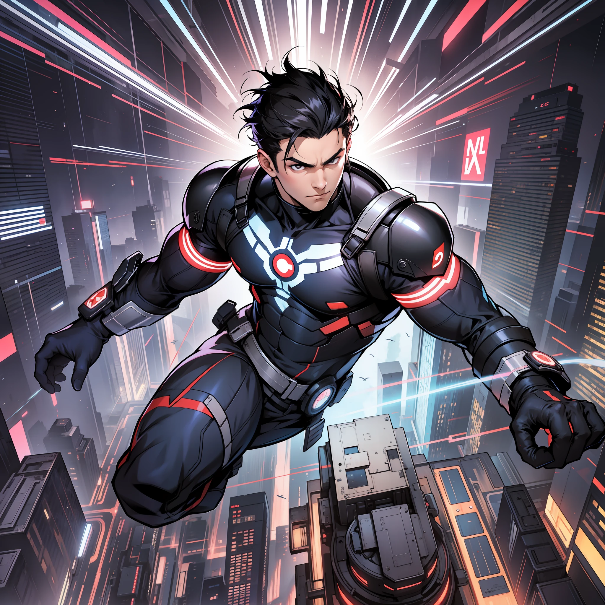 A huge screen, a young man with black hair, gaining superpowers, hovers in the air