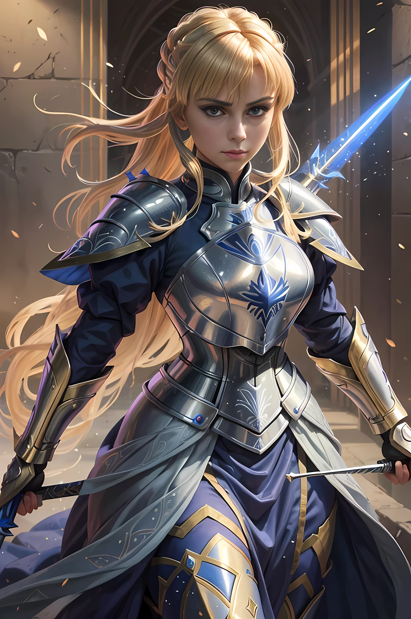 (best quality:1.3), (masterpiece:1.3), (detailed:1.3), 8K, striking depiction of Saber from the anime film "Fate/stay night: Heaven's Feel." Saber stands tall and resolute, clad in her iconic armor, with her noble sword, Excalibur, at her side. The intricate details of her armor, from the engraved patterns to the gleaming metal, are meticulously rendered, showcasing the craftsmanship and regal elegance of her character design. The lighting accentuates her powerful presence, casting a soft glow on her face and highlighting the determination in her eyes. The composition centers around Saber, emphasizing her heroic stature and unwavering resolve. The camera angle is slightly tilted, adding a dynamic touch to the image and capturing the essence of Saber's fierce spirit. This portrayal pays homage to Saber as one of the beloved characters in the "Fate/stay night" series.