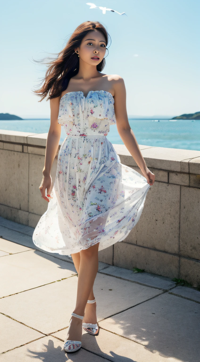 ,((Best Quality))),8k,((Masterpiece)),(Extremely refined and beautiful),There is a girl Elegant woman walking on sidewalk in dress, (white line headphones, listening to music), bandeau dress, romantic dress, print, windblown dress, fashion dress, thin waist, light half-open dress, soft silk fabric, thin, exposed figure, elegant, flowing, summer, strapless, gentle expression on face, background seascape and sun, seagulls in the sky, full length, realism
