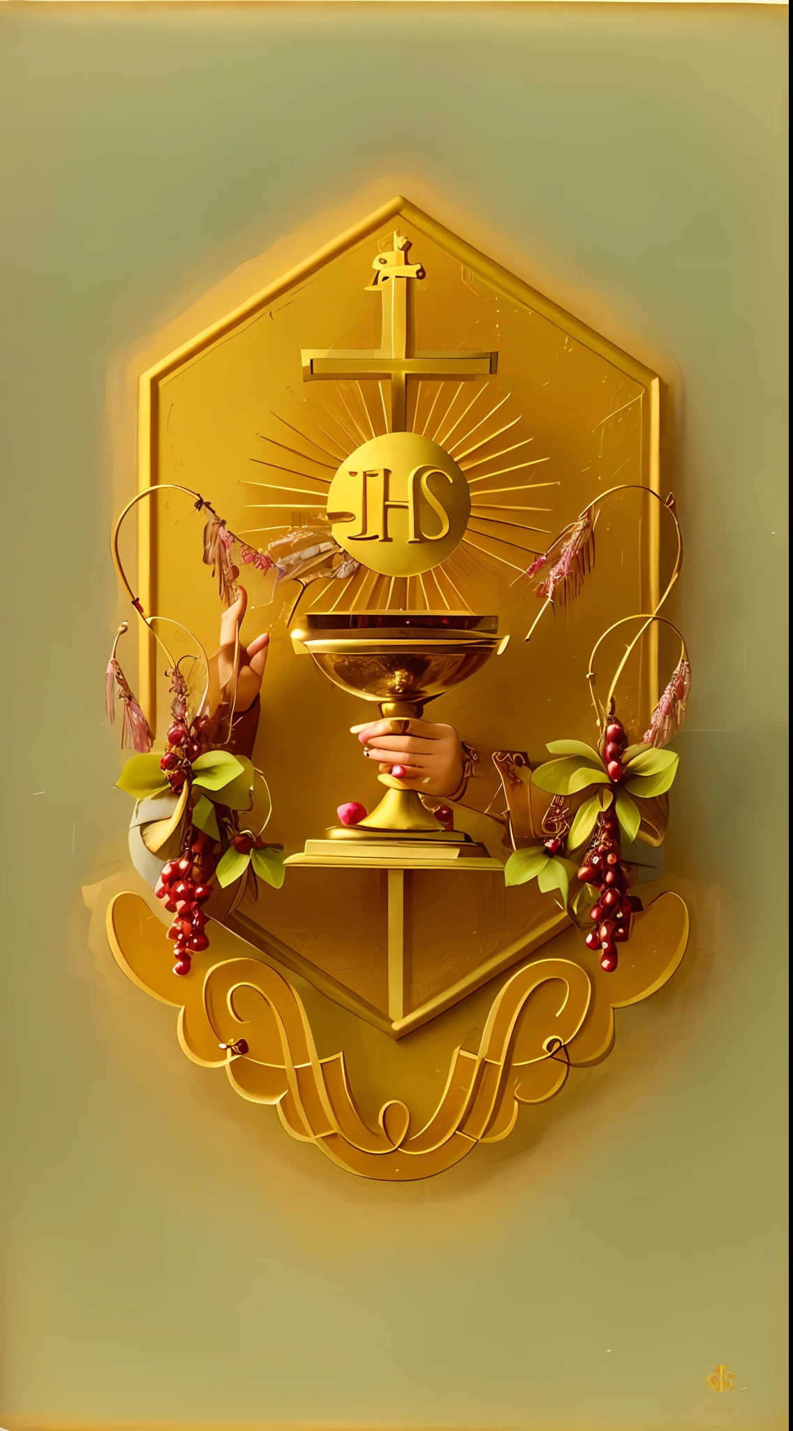 a close up of a picture of a person holding a chalicer, catholic icon, religious iconography, holy imagery, holy iconography, roman catholic icon, in hoc signo vinces, sacrament, catholic religious art, holding a holy symbol, holding holy symbol, by Jan Henryk Rosen, catholic, historical image, religious imagery, holy and sacred