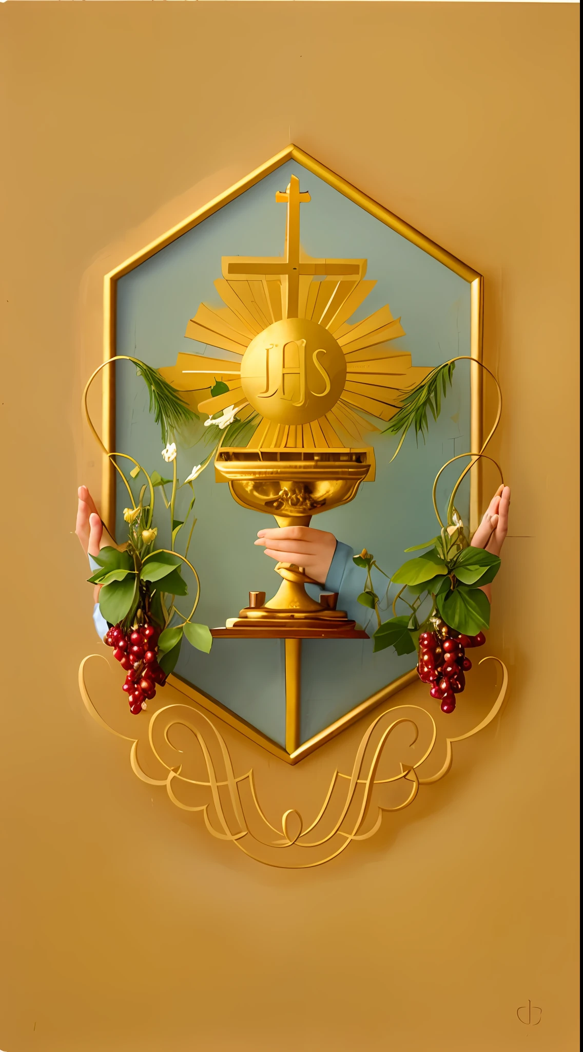a close up of a picture of a person holding a chalicer, catholic icon, religious iconography, holy imagery, holy iconography, roman catholic icon, in hoc signo vinces, sacrament, catholic religious art, holding a holy symbol, holding holy symbol, by Jan Henryk Rosen, catholic, historical image, religious imagery, holy and sacred