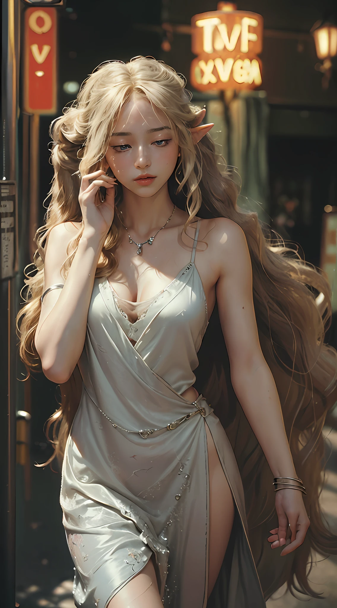(((vintage photograph by Lauren Greenfield))) depicting a caucasian blonde with curly hair, long white sleeveless silk robes, ((dynamic pose)), pointy elf ears, native necklaces, and silver bracelets, Perfect Body Beauty: 1.4, ((Long Hair)), street at night background, Highly detailed face and skin texture, Detailed eyes, Double eyelids, closed eyes, (((((photo by Lauren Greenfield))))), vintage, retro, chiaroscuro, (((((((grainy film))))))), noisy film, (((( photographed on Technirama))))