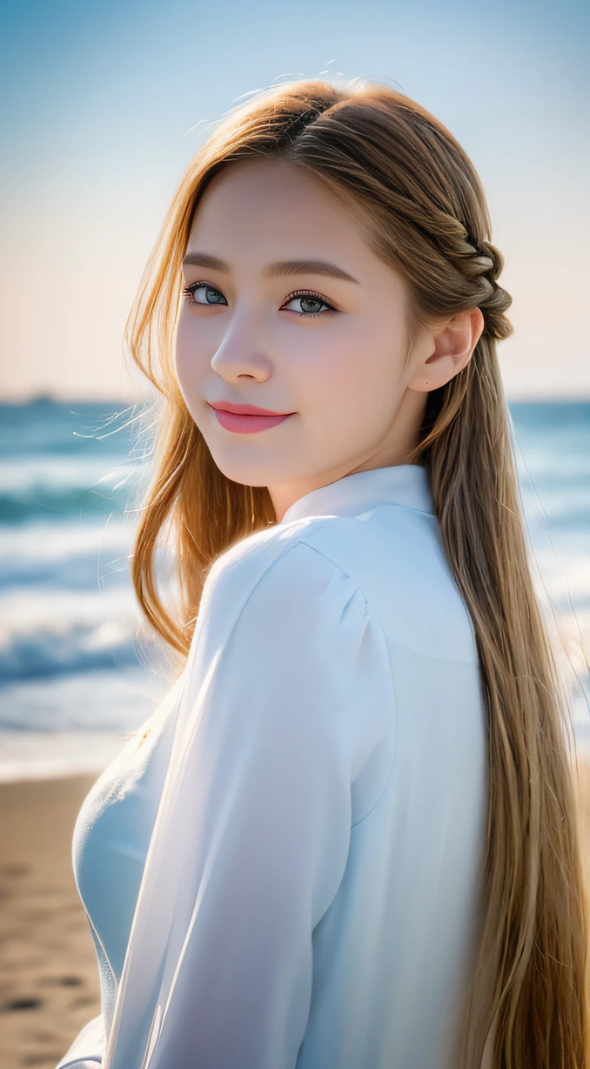 ,((Best quality))),8k,((Masterpiece)),(Extremely refined and beautiful), there is a girl coming out of the sea, a swan princess in Russian mythology, beautiful calm face, blue eyes, long blonde hair braided, the moon braided hair on the back of the head, white old Russian shiny clothes with a Kokoshnik crown on his head, affectionate eyes, half a smile, a gentle expression on his face, seascape and sunlight in the background, seagulls in the sky, full length, realism