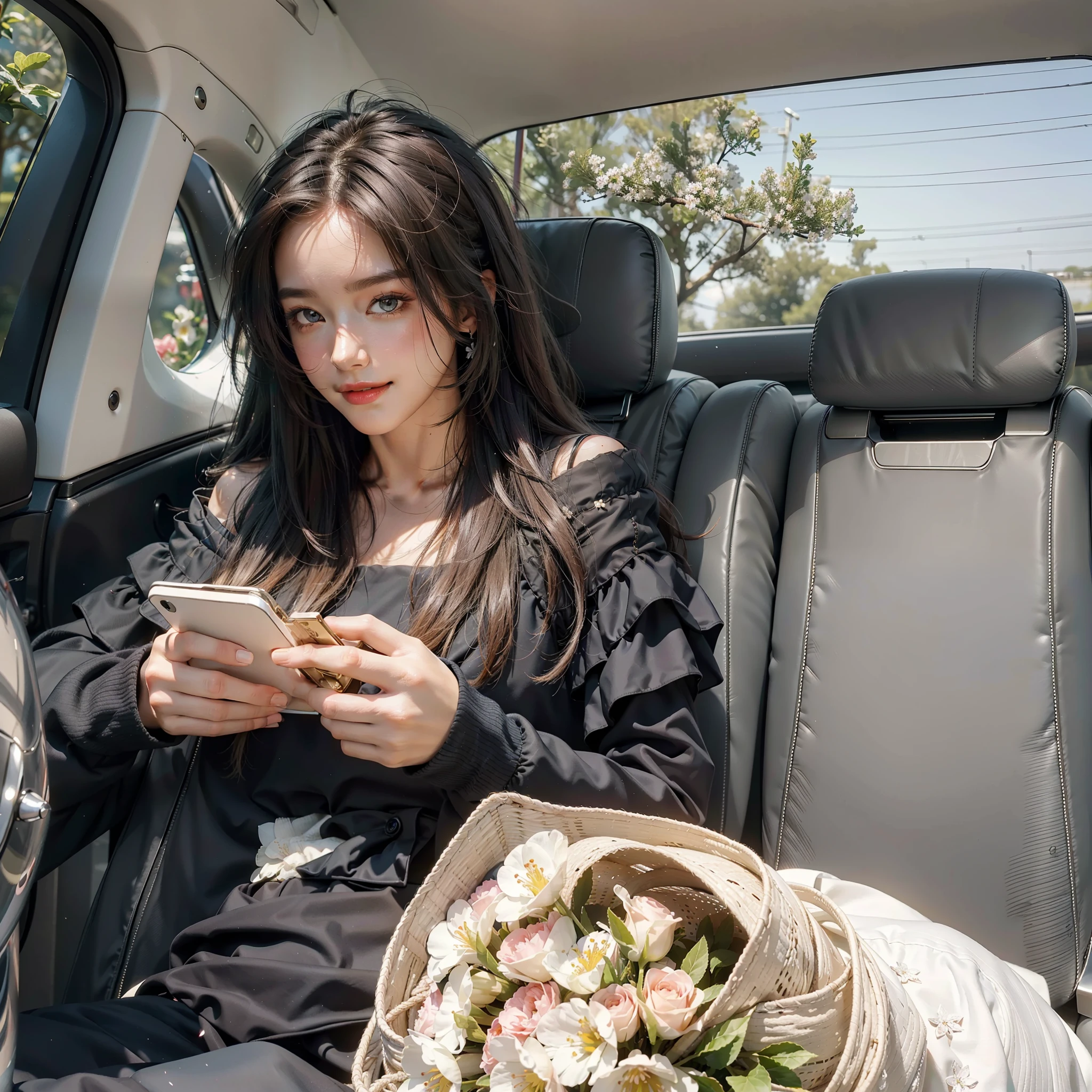 Best quality, masterpiece, ultra high res, (photorealistic:1.4), raw photo, 1girl, white dress, off shoulder, blossom flower field, glowing skin, light smile