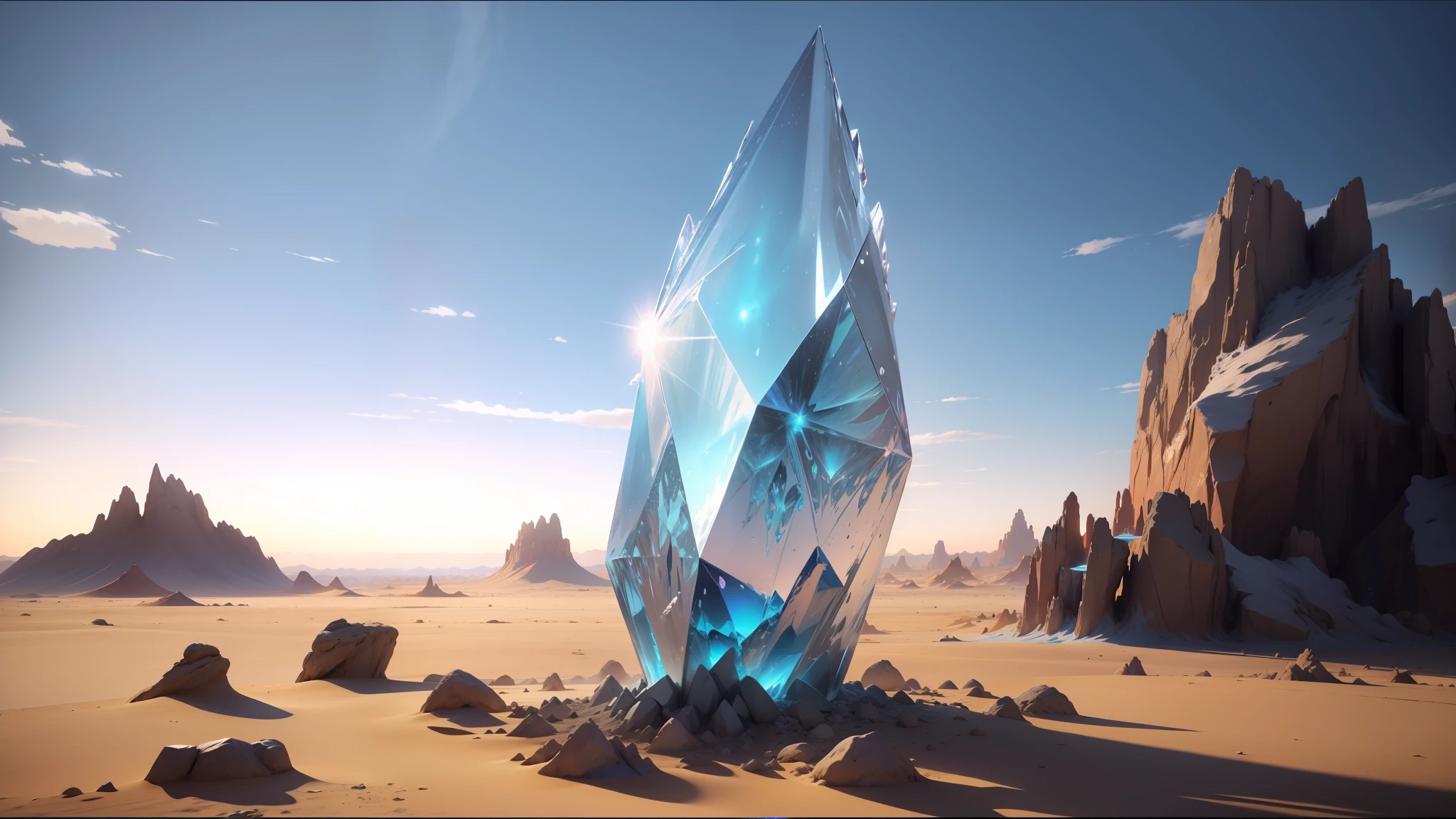 there is a large ice crystal in the middle of a desert, square enix cinematic art, “uwu the prismatic person, crystalline rock, still image from tv series, colorkey scene, computer graphics, granblue fantasy, by Pierre Laffillé, psytrance, in a vast serene landscape, ultra 8 k, anime land of the lustrous