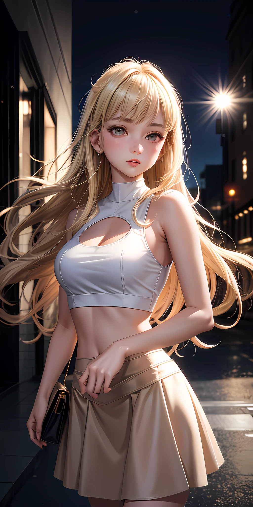 realistic, 1girl, blonde hair, brown eyes, glowing eyes, white crop top, beige skirt, parted lips, blush, night, pink roses, sun, sunlight